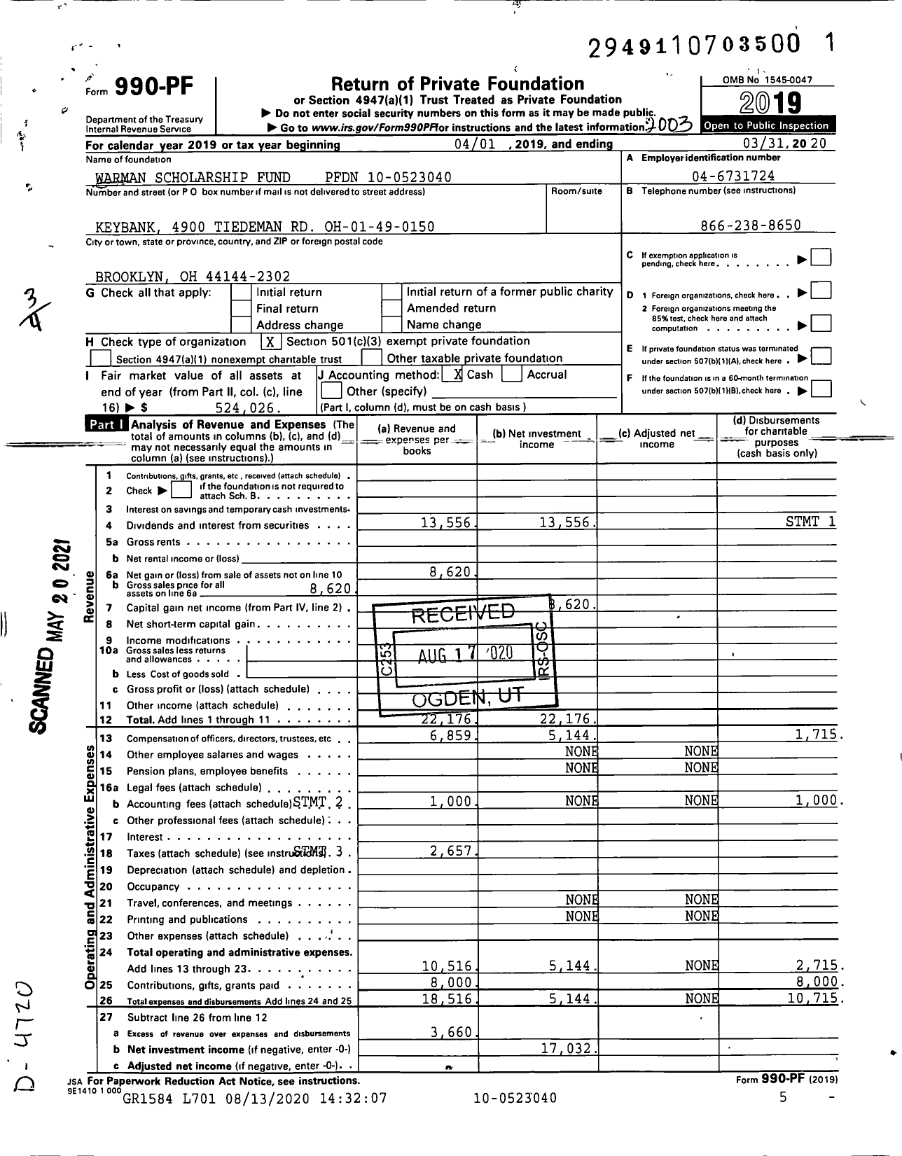 Image of first page of 2019 Form 990PF for Warman Scholarship Fund PFDN