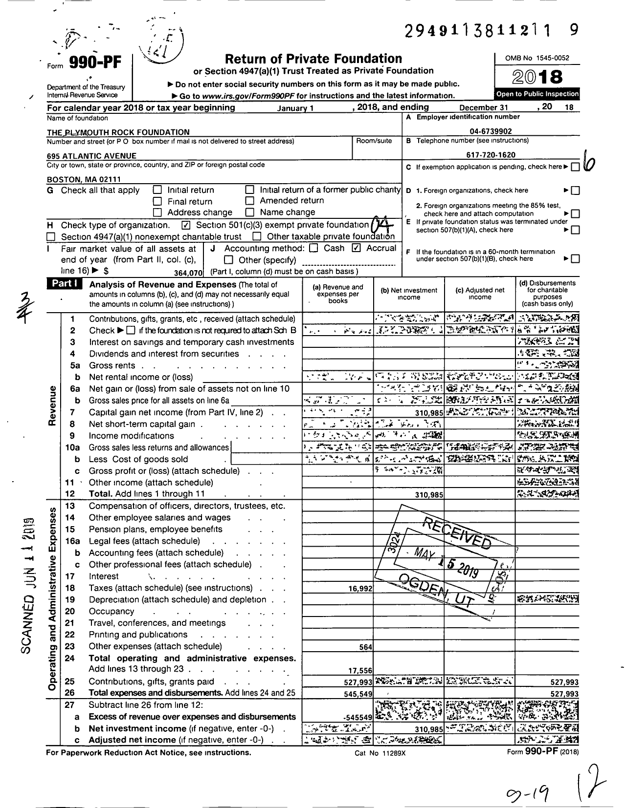 Image of first page of 2018 Form 990PF for The Plymouth Rock Assurance Foundation