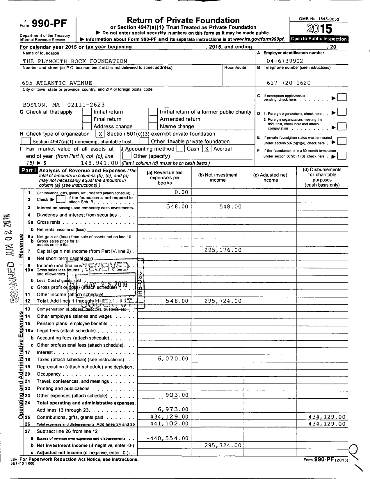 Image of first page of 2015 Form 990PF for The Plymouth Rock Assurance Foundation