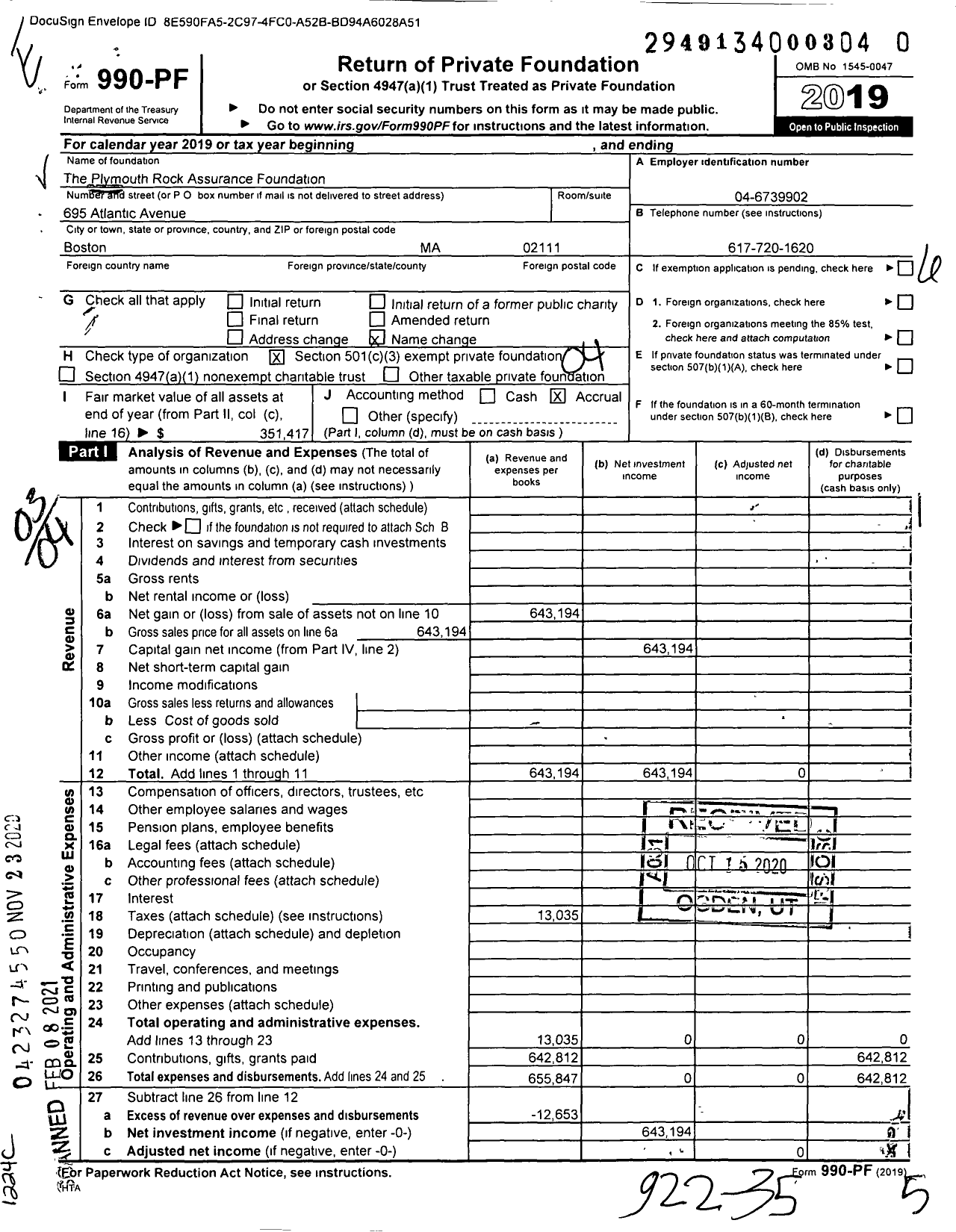 Image of first page of 2019 Form 990PF for The Plymouth Rock Assurance Foundation