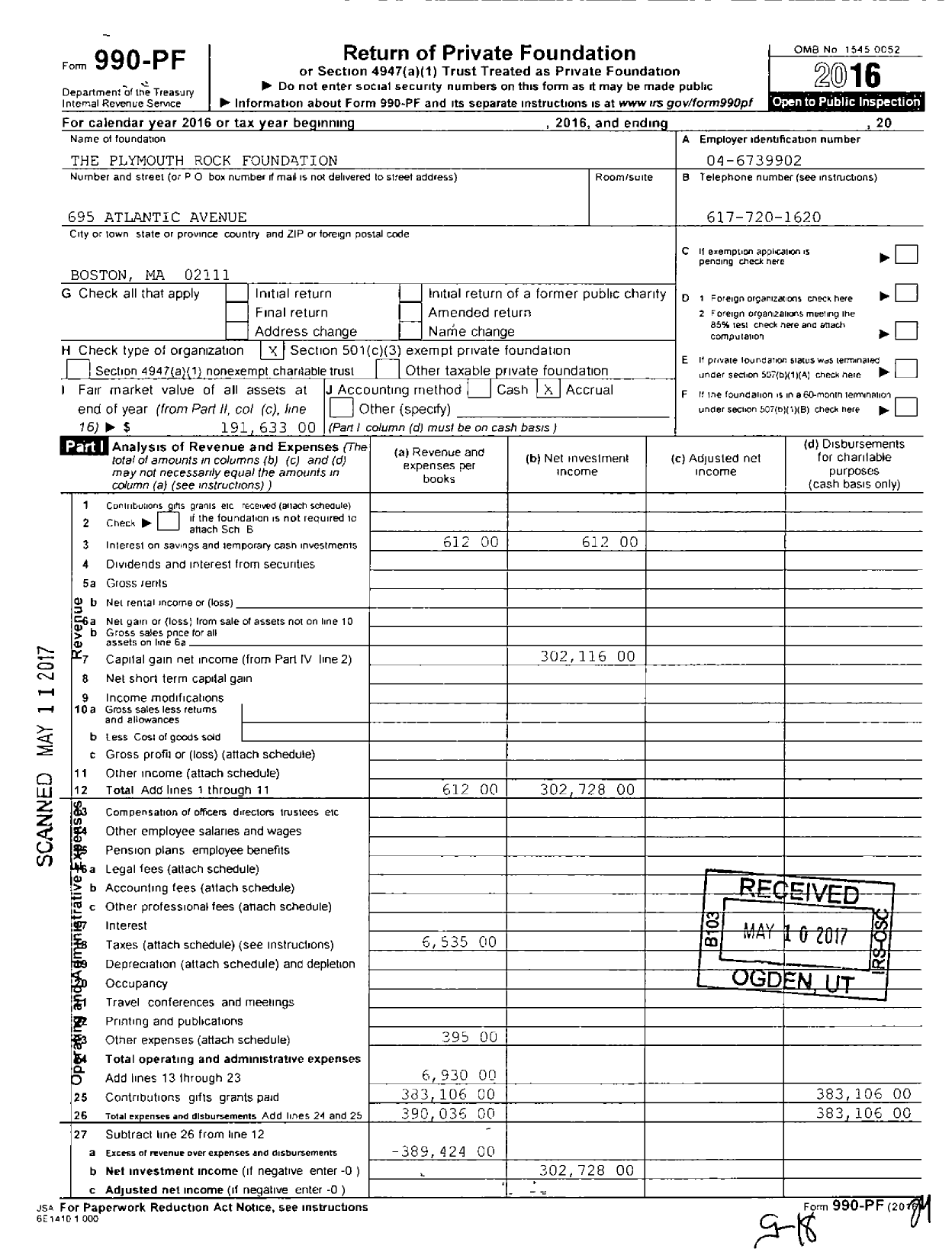 Image of first page of 2016 Form 990PF for The Plymouth Rock Assurance Foundation