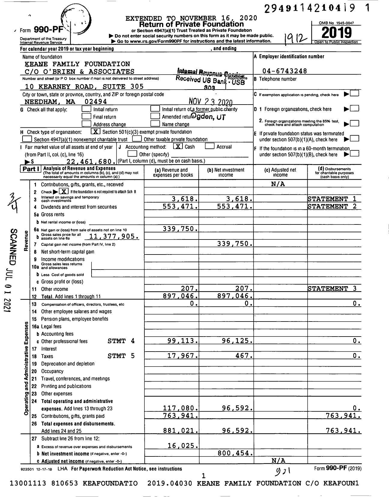 Image of first page of 2019 Form 990PF for Keane Family Foundation