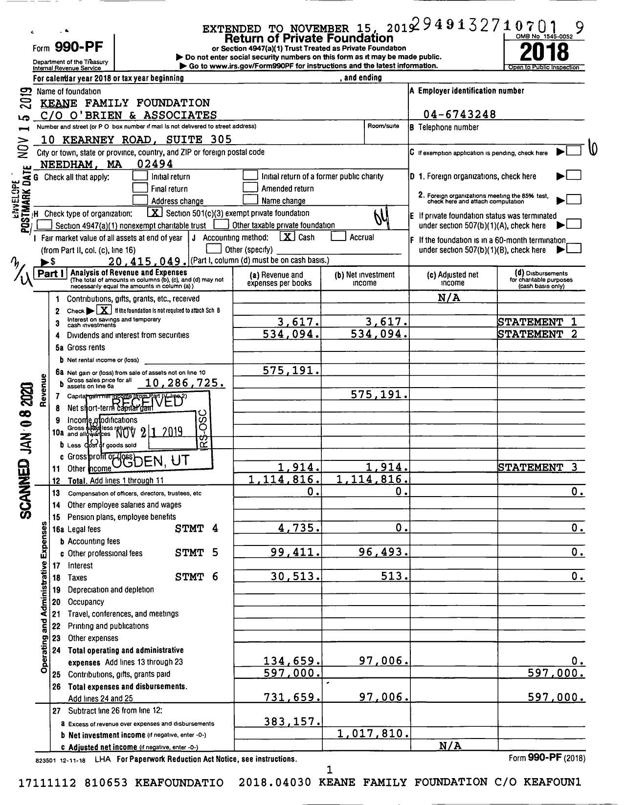 Image of first page of 2018 Form 990PF for Keane Family Foundation