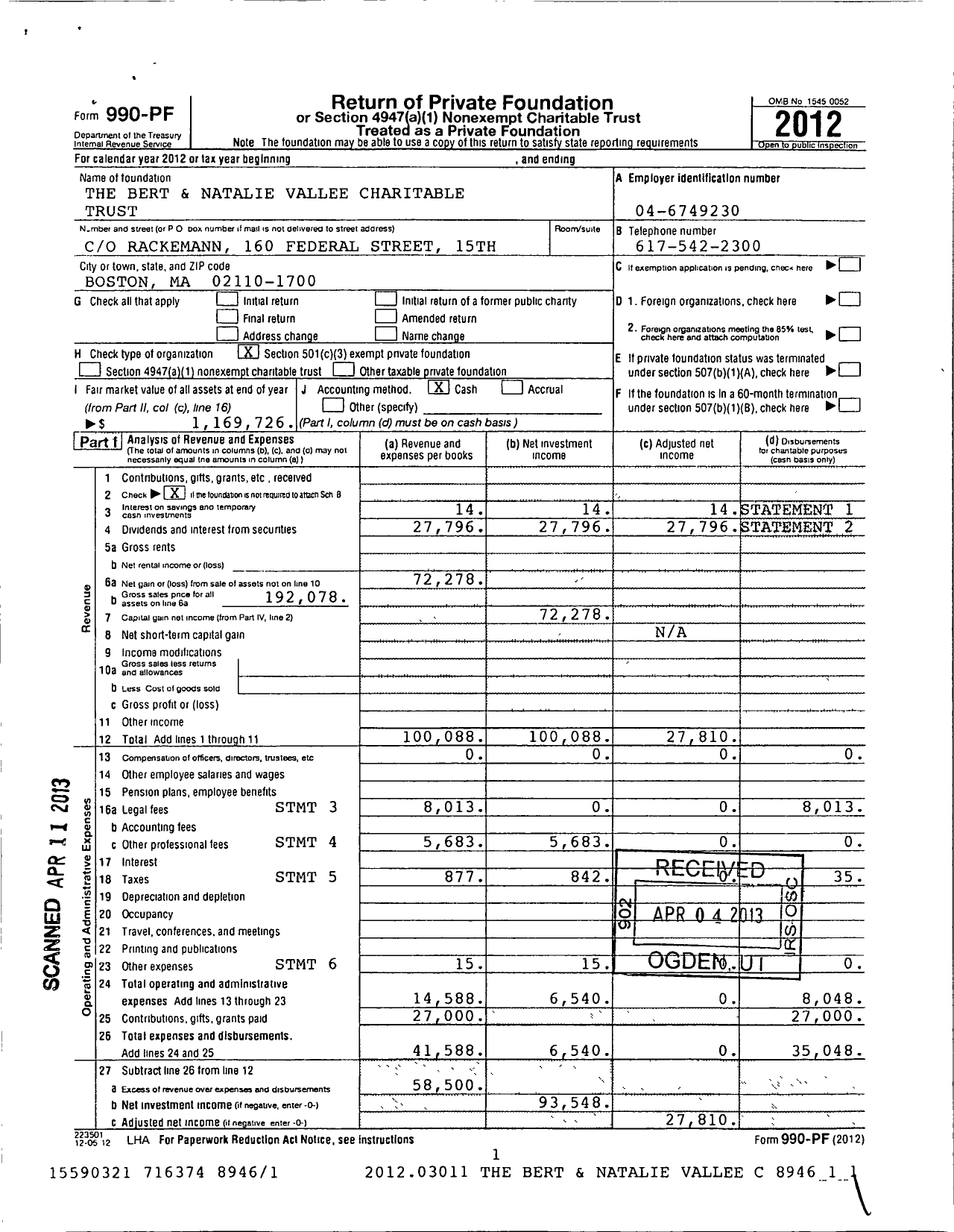 Image of first page of 2012 Form 990PF for The Bert and Natalie Vallee Charitable Trust