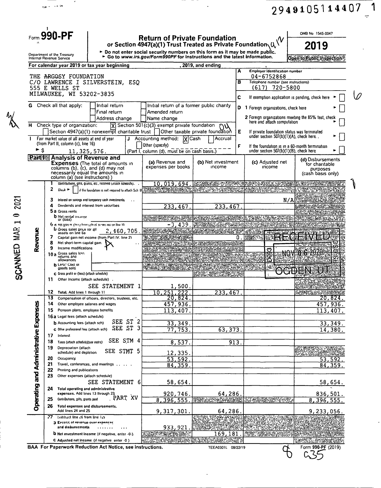 Image of first page of 2019 Form 990PF for Argosy Foundation