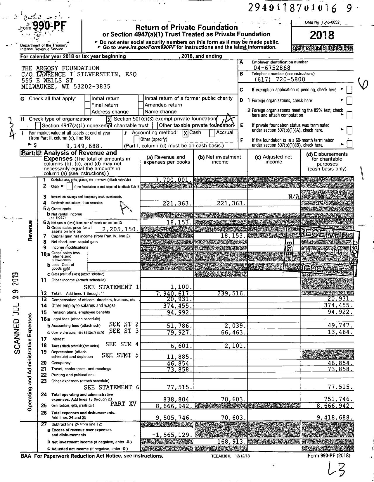 Image of first page of 2018 Form 990PF for Argosy Foundation
