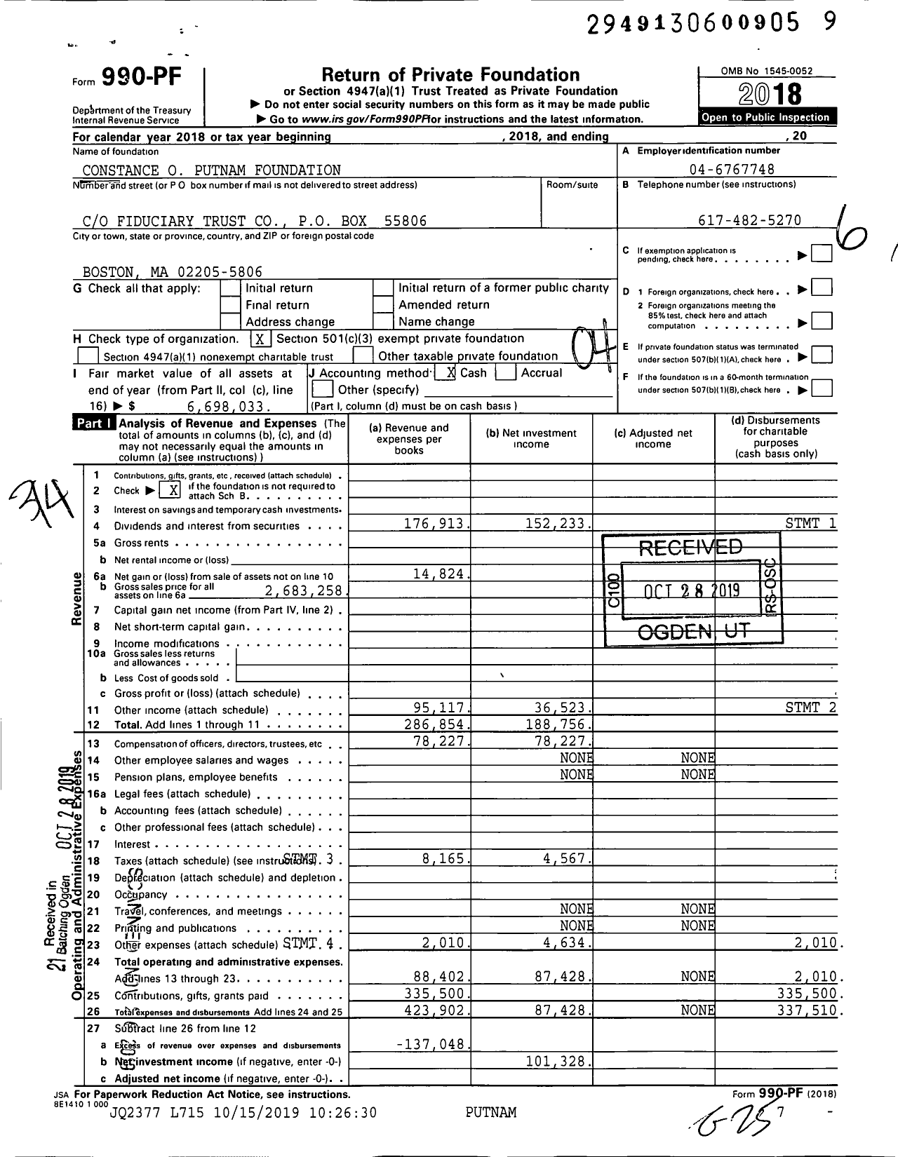 Image of first page of 2018 Form 990PF for Constance O Putnam Foundation