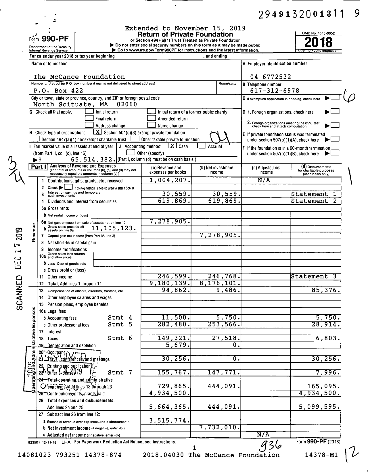 Image of first page of 2018 Form 990PF for McCance Foundation