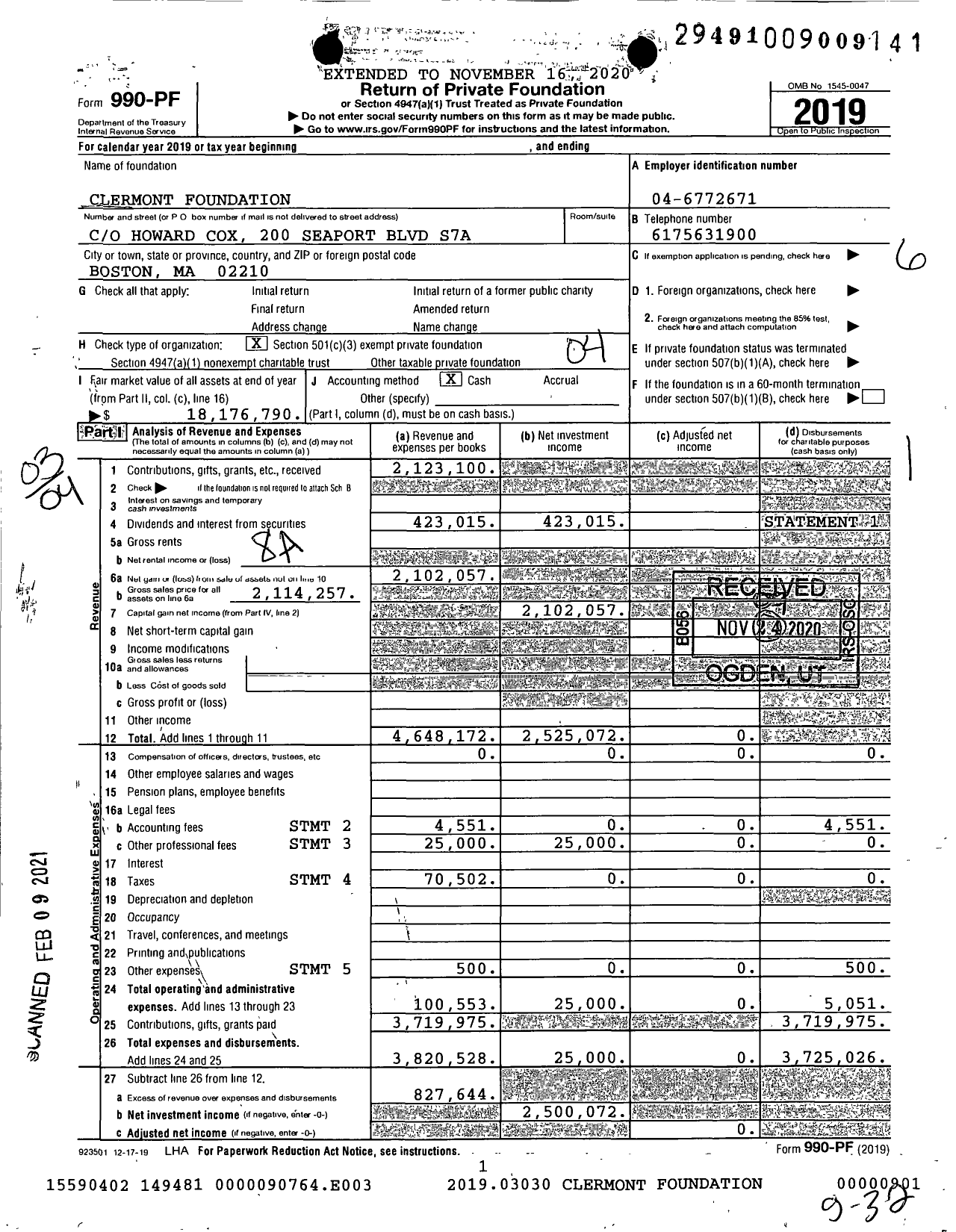 Image of first page of 2019 Form 990PF for Clermont Foundation