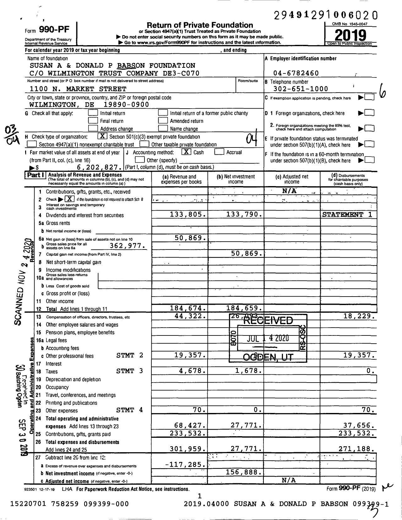 Image of first page of 2019 Form 990PF for Susan A and Donald P Babson Foundation