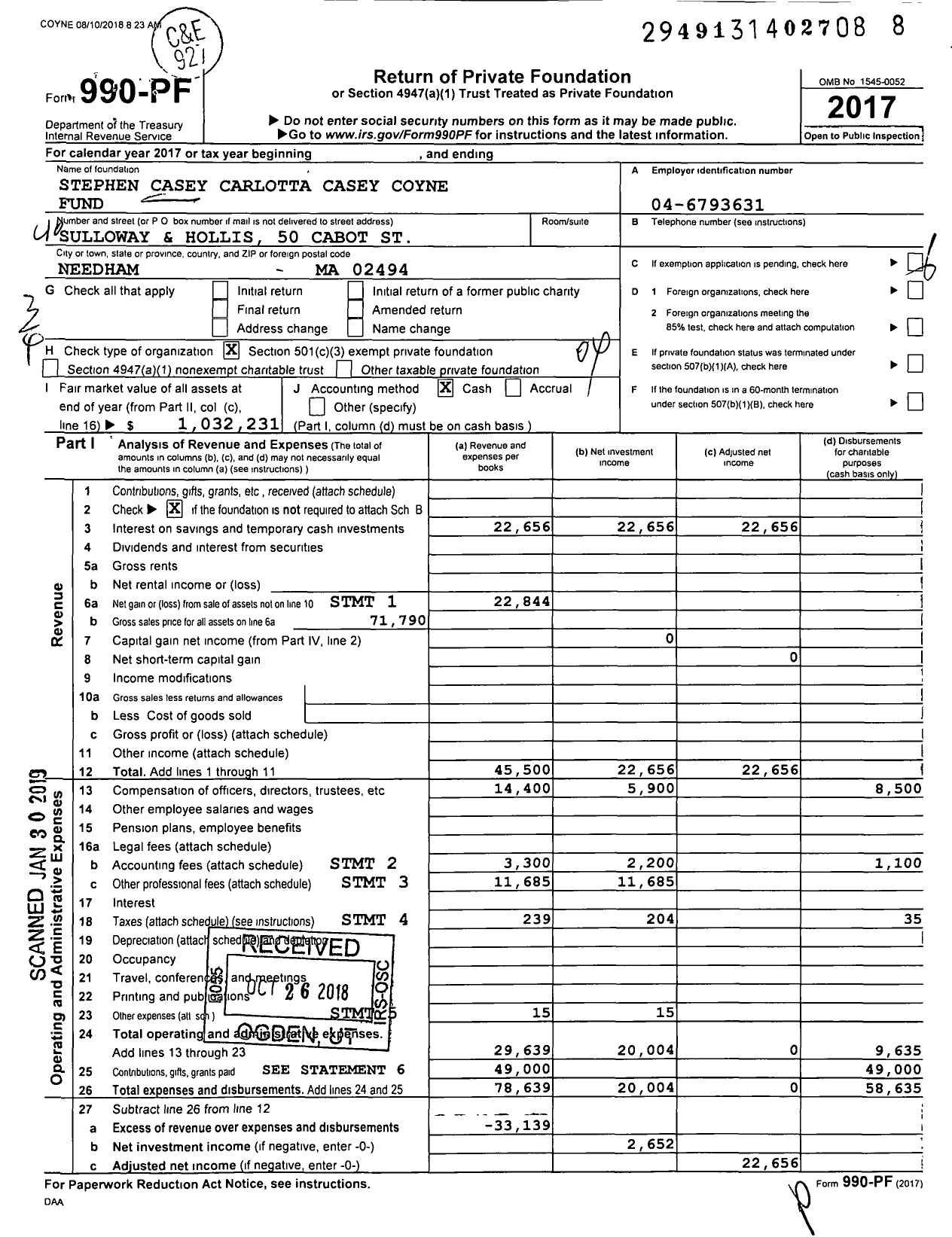 Image of first page of 2017 Form 990PF for Stephen Casey Carlotta Casey Coyne Fund