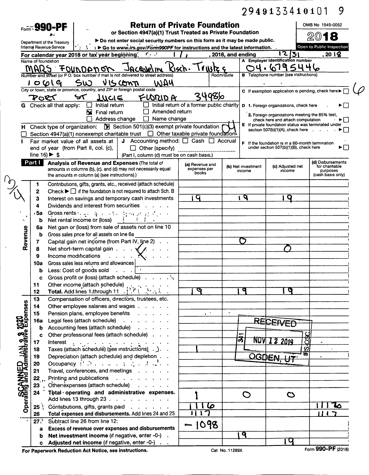 Image of first page of 2018 Form 990PF for MARS Foundation Jacqueline Risch Trustee