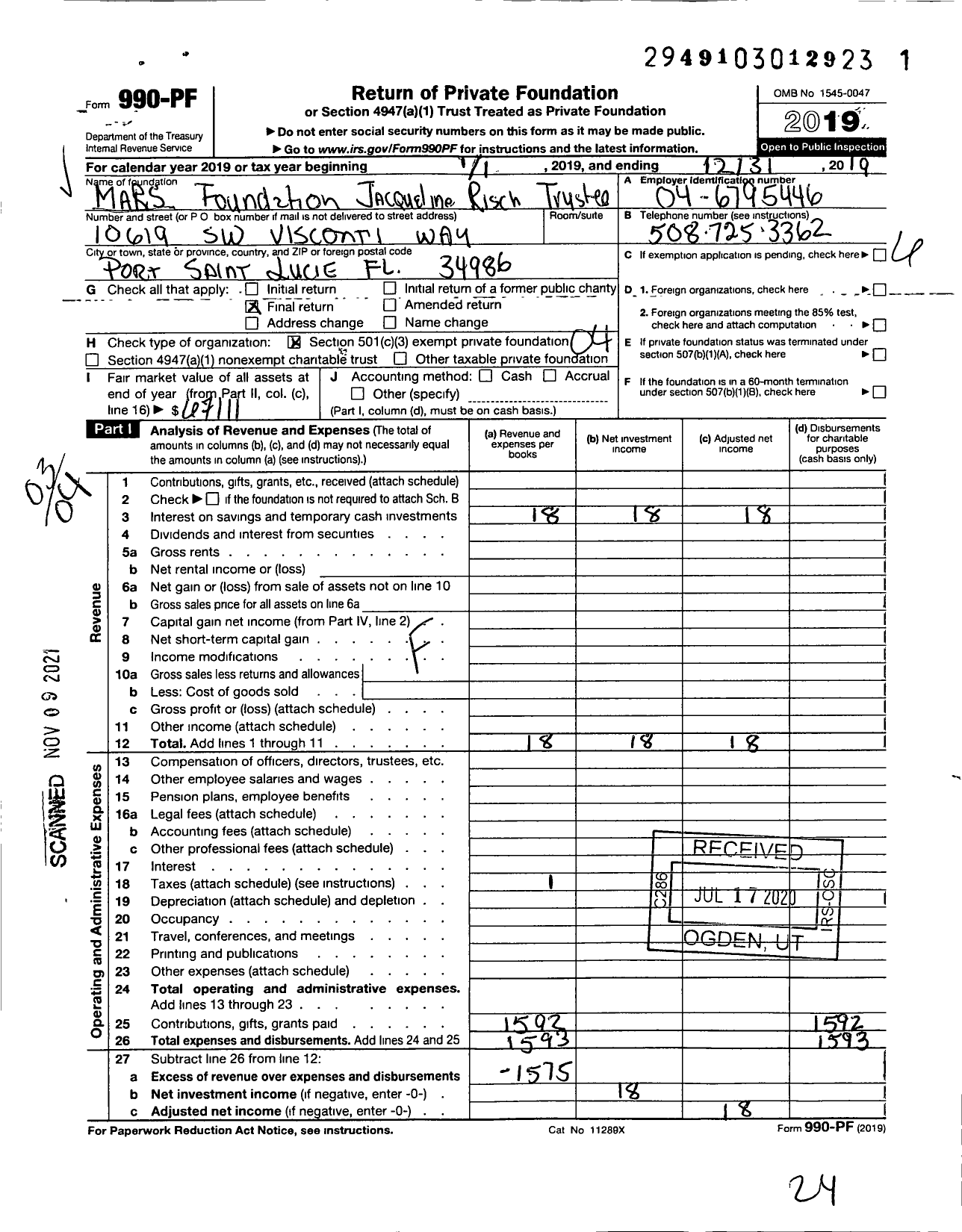 Image of first page of 2019 Form 990PF for MARS Foundation Jacqueline Risch Trustee