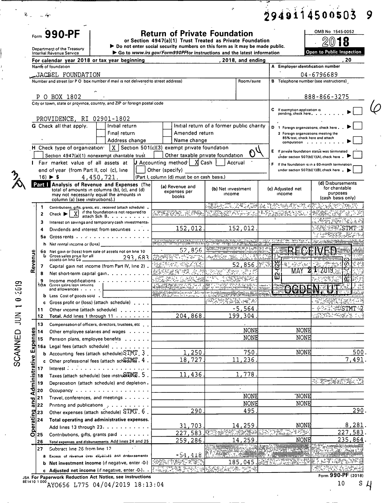 Image of first page of 2018 Form 990PF for Jacbel Foundation