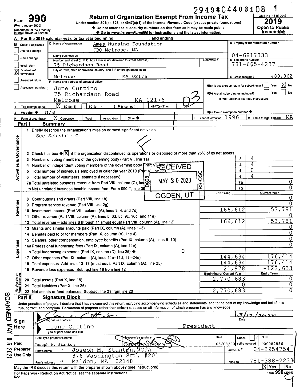 Image of first page of 2019 Form 990 for Ames Nursing Foundation Fbo Melrose Ma