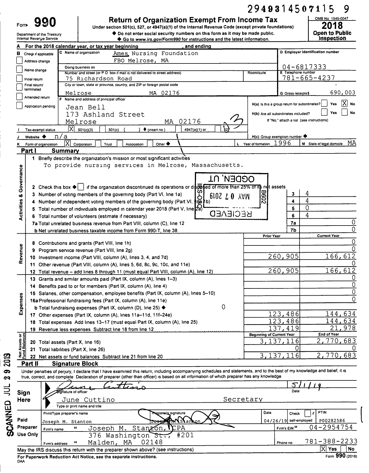 Image of first page of 2018 Form 990 for Ames Nursing Foundation Fbo Melrose Ma