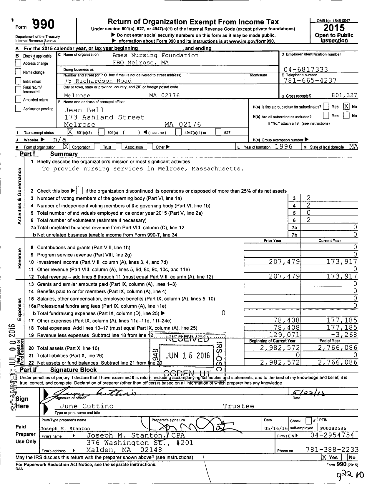 Image of first page of 2015 Form 990 for Ames Nursing Foundation Fbo Melrose Ma