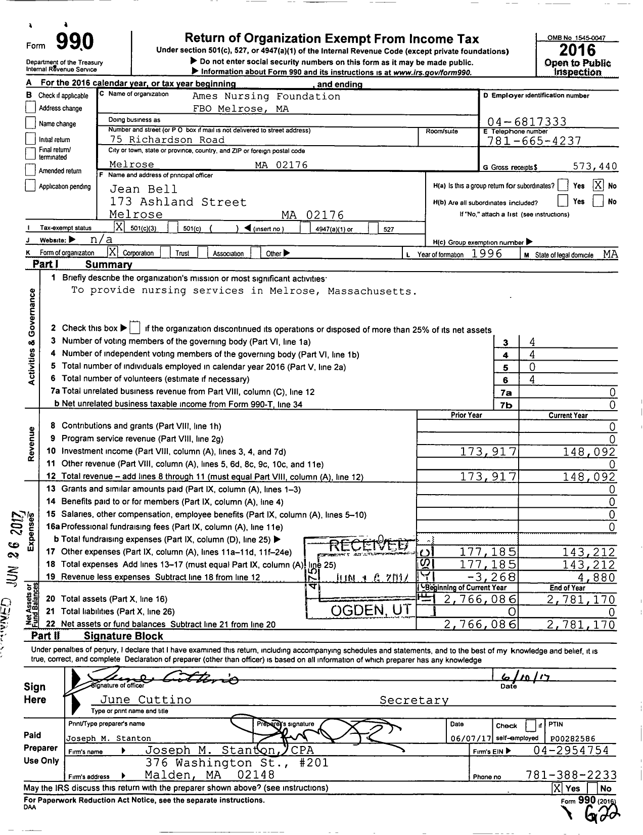 Image of first page of 2016 Form 990 for Ames Nursing Foundation Fbo Melrose Ma