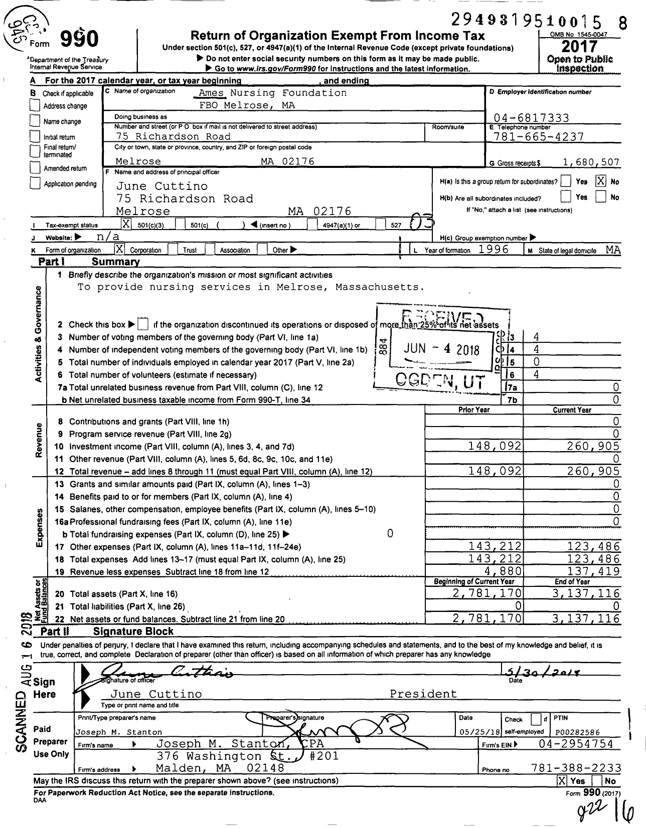 Image of first page of 2017 Form 990 for Ames Nursing Foundation Fbo Melrose Ma