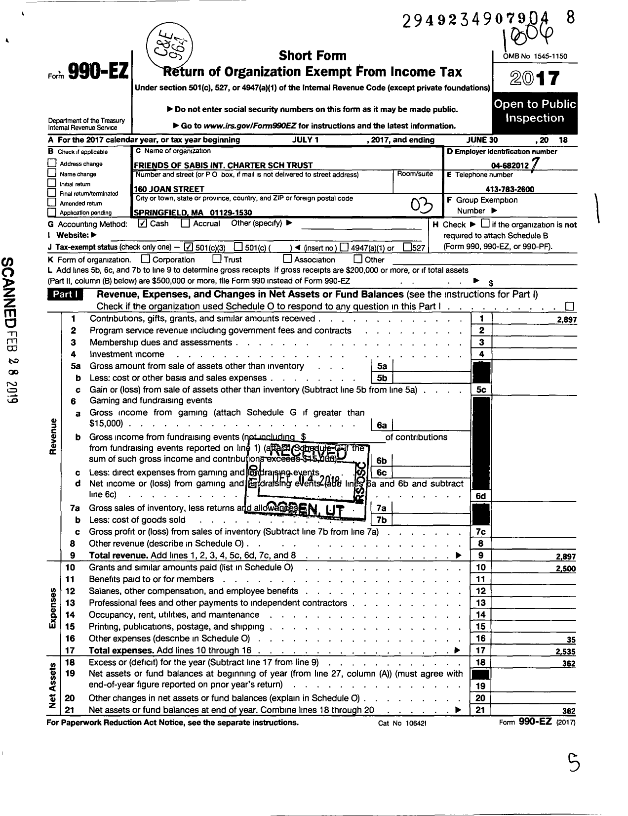 Image of first page of 2017 Form 990EZ for Friends of Sabis International Charter School Trust