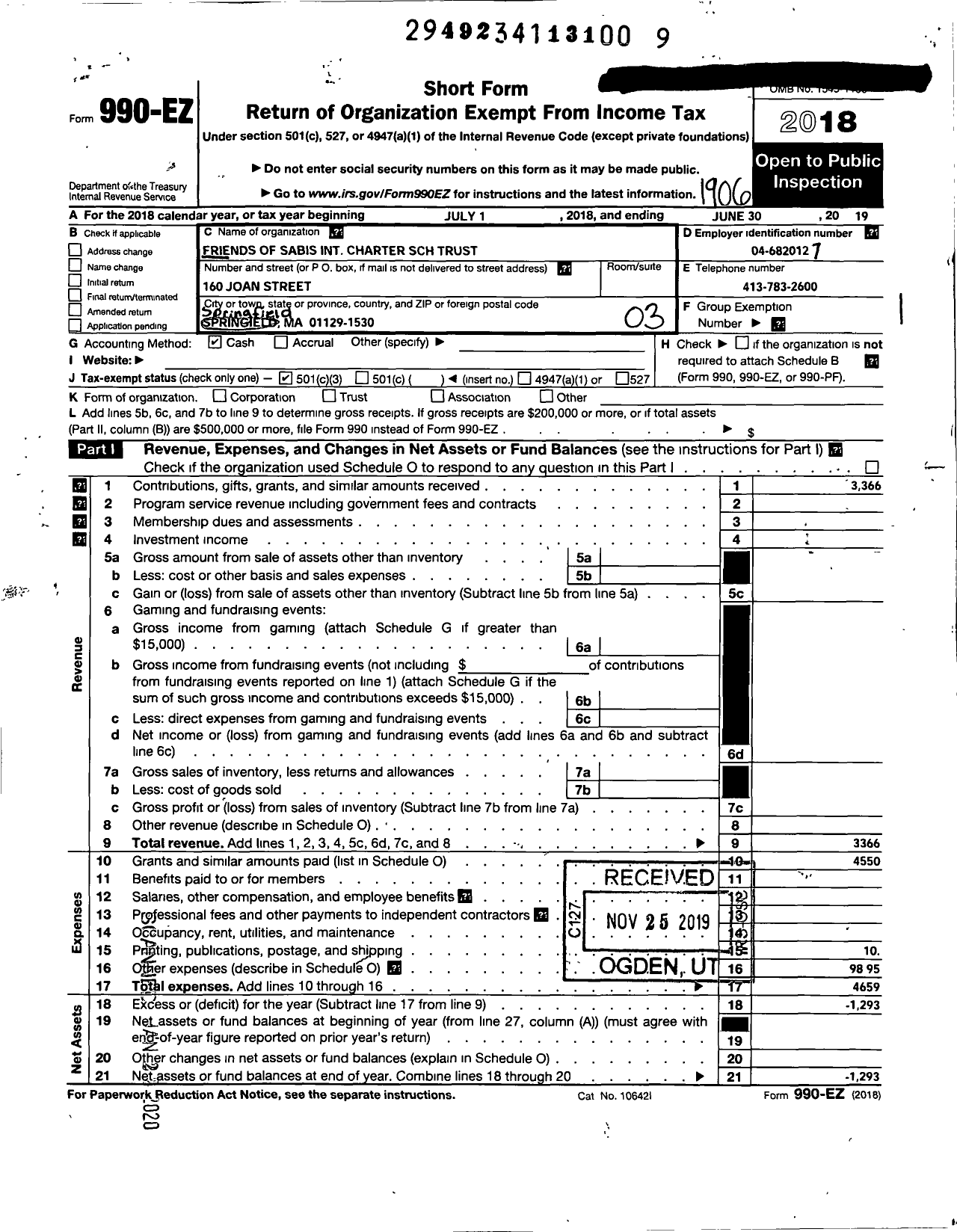 Image of first page of 2018 Form 990EZ for Friends of Sabis International Charter School Trust