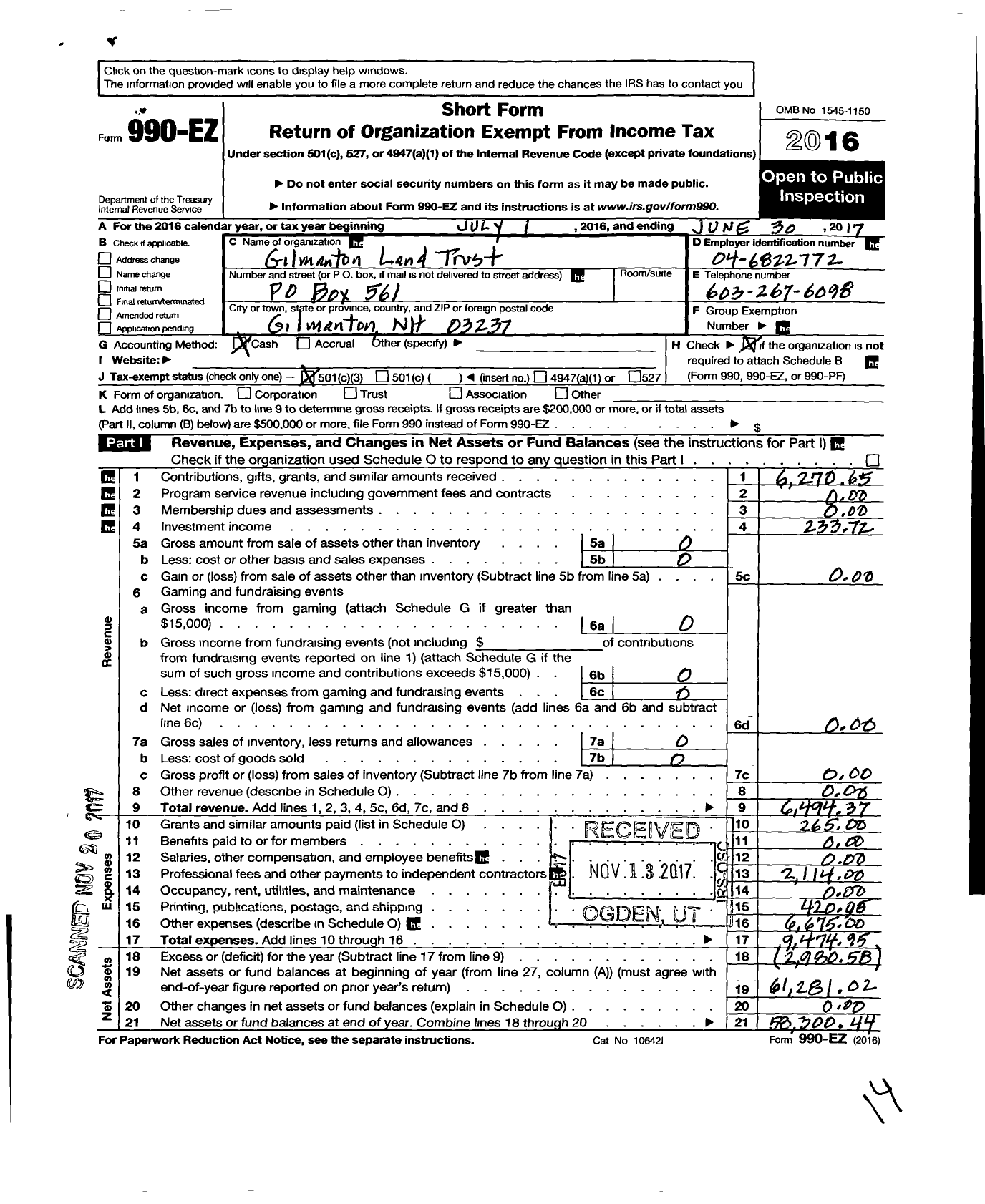 Image of first page of 2016 Form 990EZ for Gilmanton Land Trust