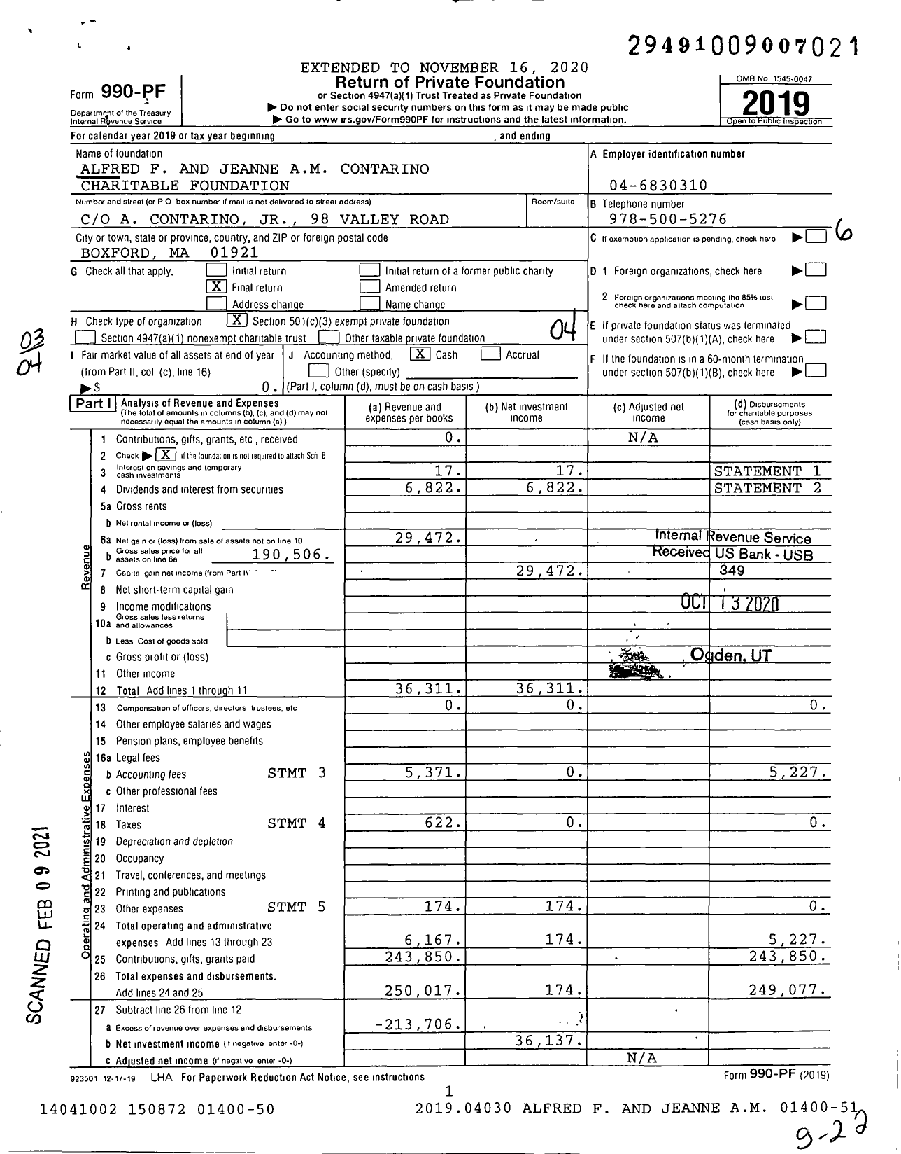 Image of first page of 2019 Form 990PF for Alfred F and Jeanne Am Contarino Charitable Foundation