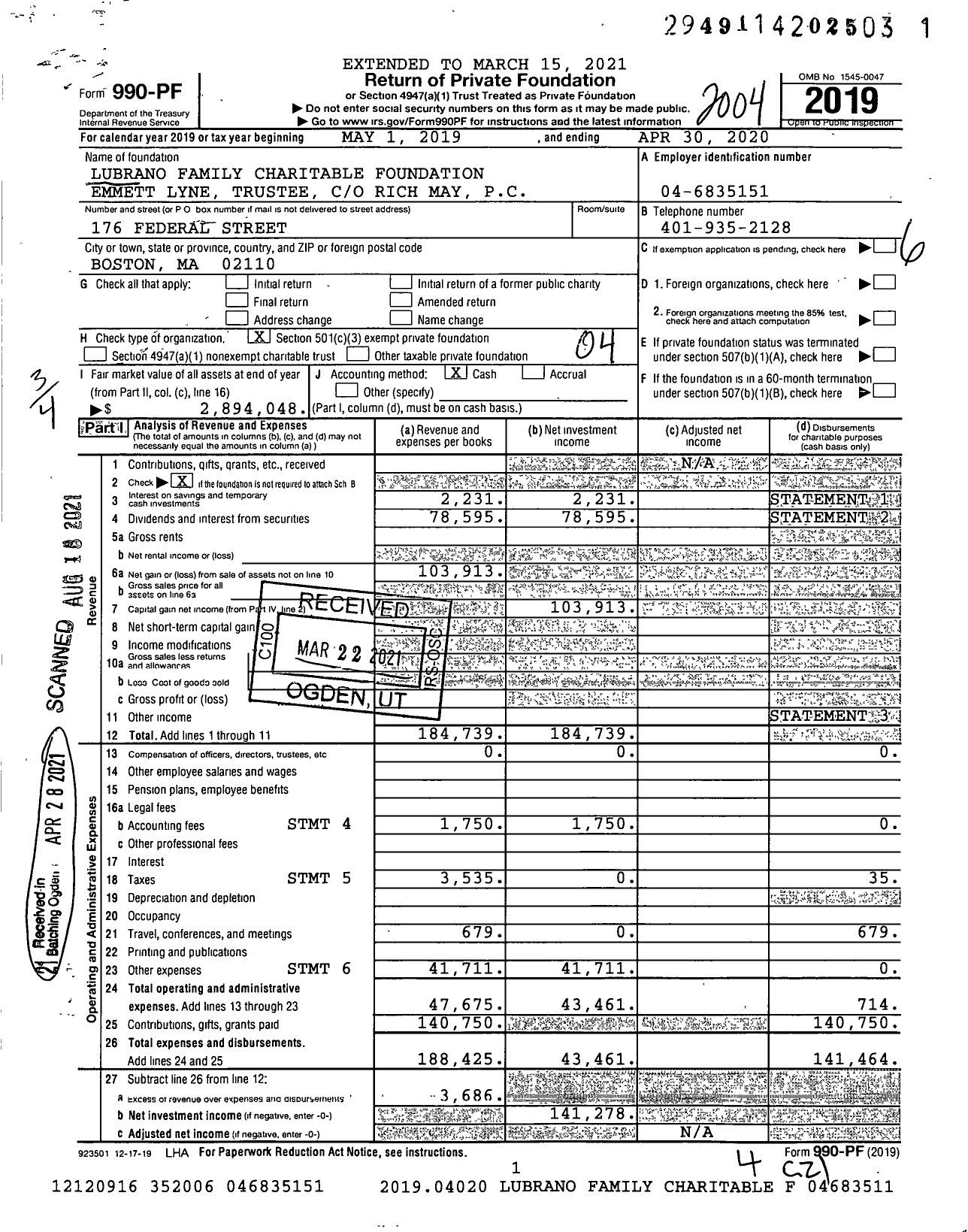 Image of first page of 2019 Form 990PF for Lubrano Family Charitable Foundation Emmett Lynetrusteec Trustee