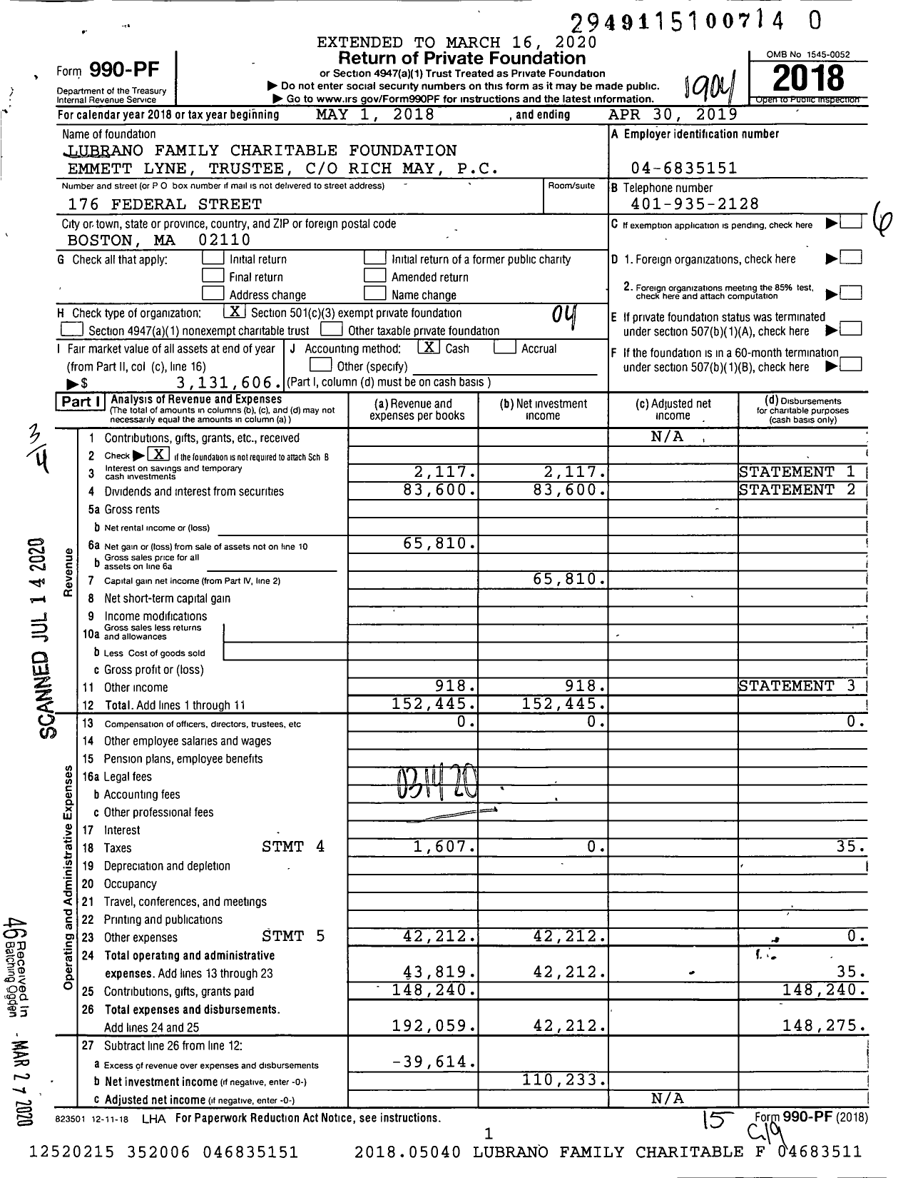 Image of first page of 2018 Form 990PR for Lubrano Family Charitable Foundation Emmett Lynetrusteec Trustee