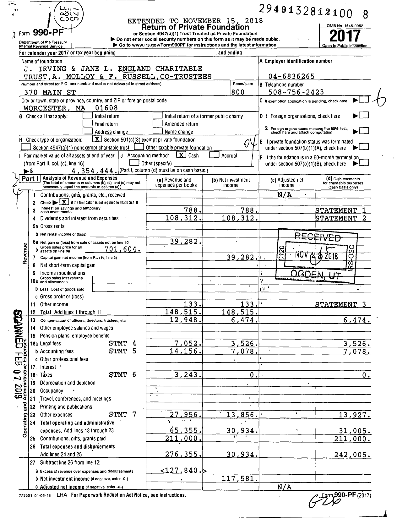 Image of first page of 2017 Form 990PF for J Irving and Jane L England Charitable Trusta Molloy and F Russellco-Trustees