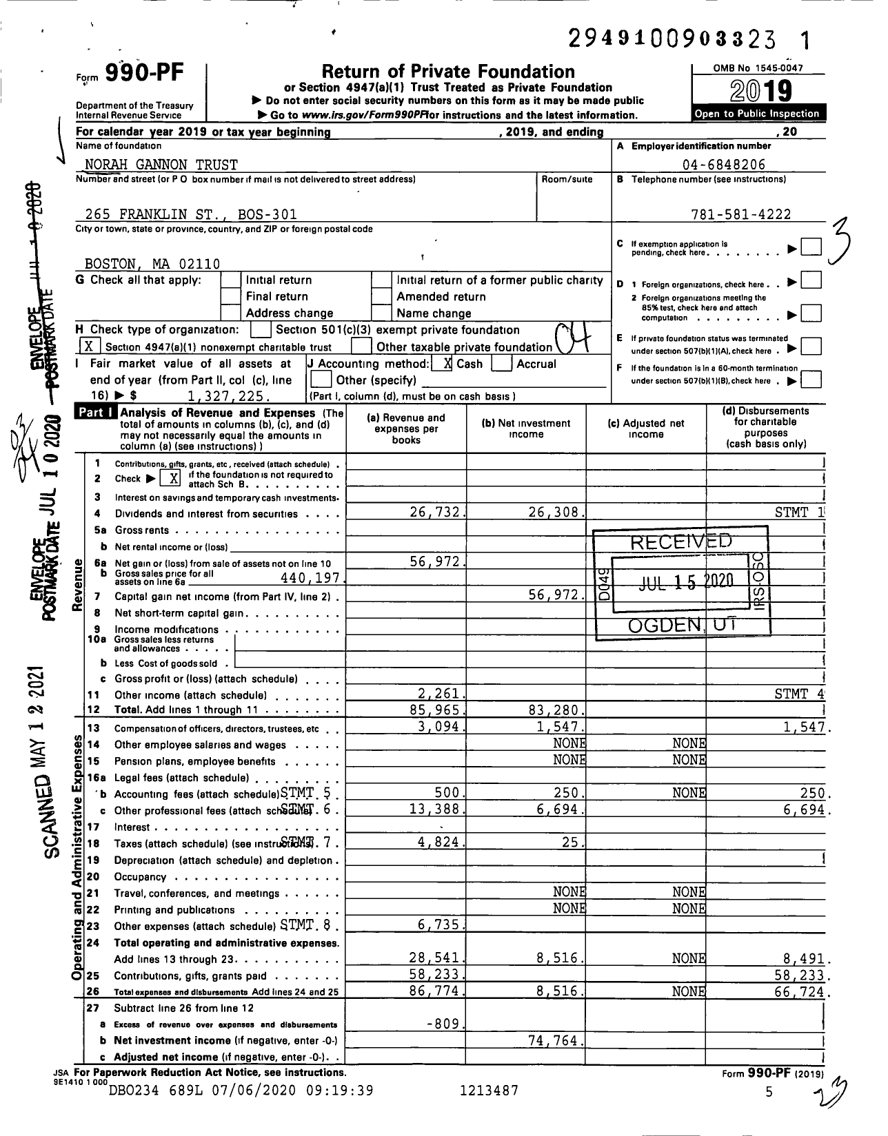 Image of first page of 2019 Form 990PF for Norah Gannon Trust