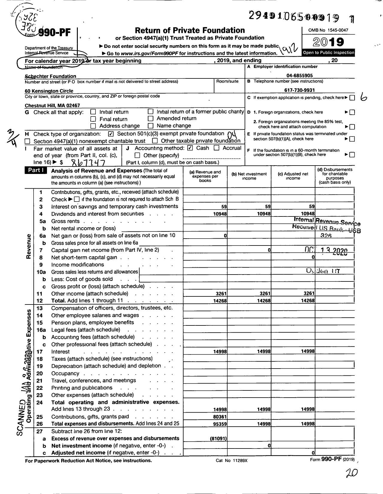 Image of first page of 2019 Form 990PF for Schechter Foundation / Schechter David Ttee