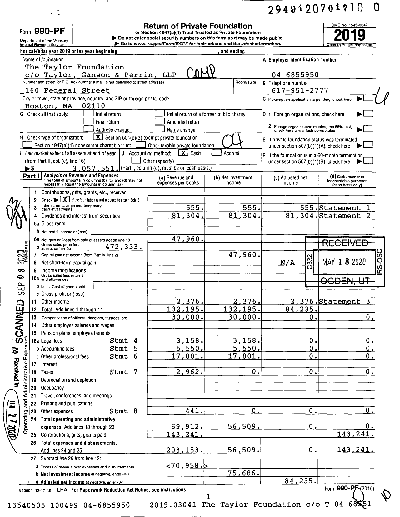 Image of first page of 2019 Form 990PR for The Taylor Foundation