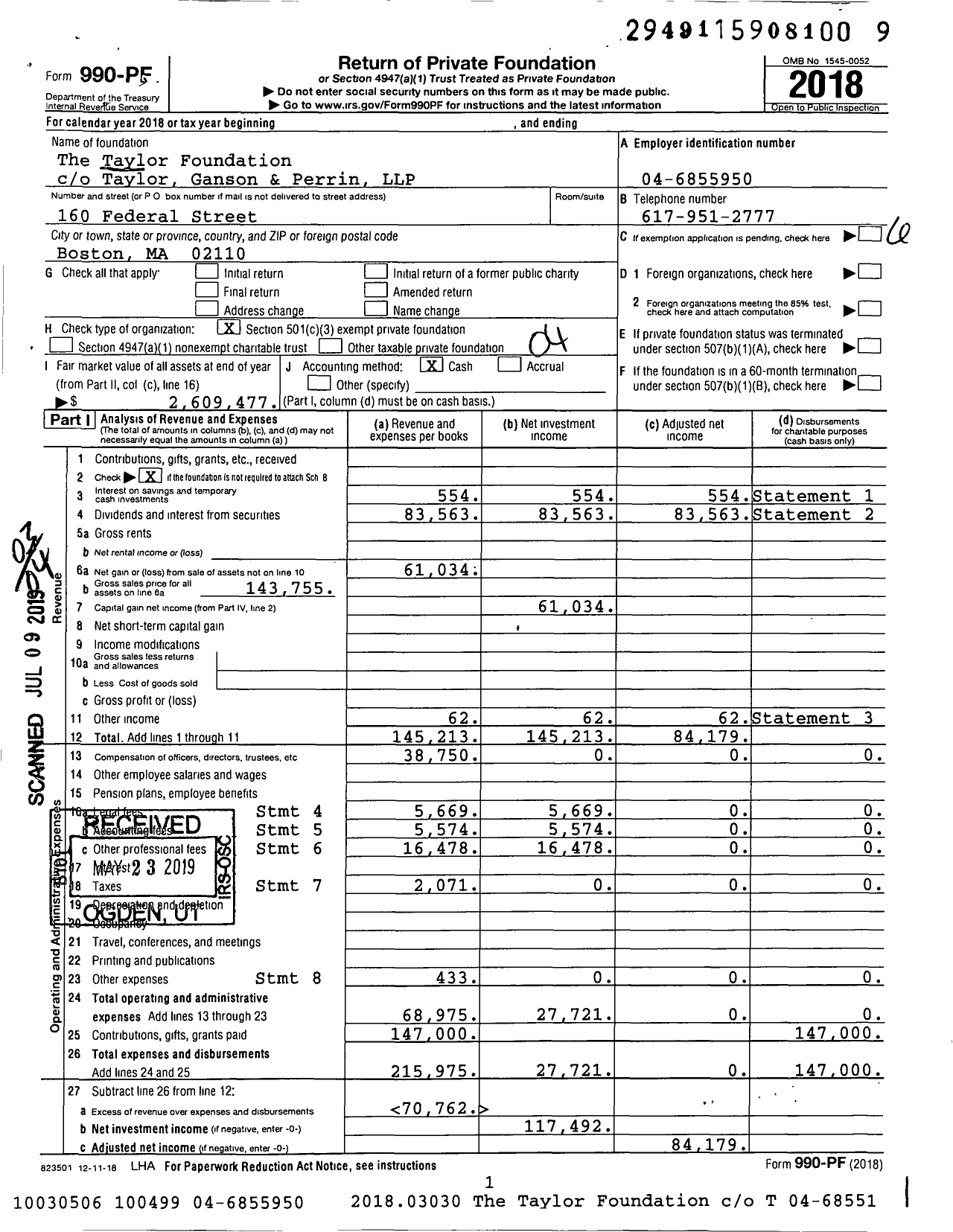 Image of first page of 2018 Form 990PF for The Taylor Foundation