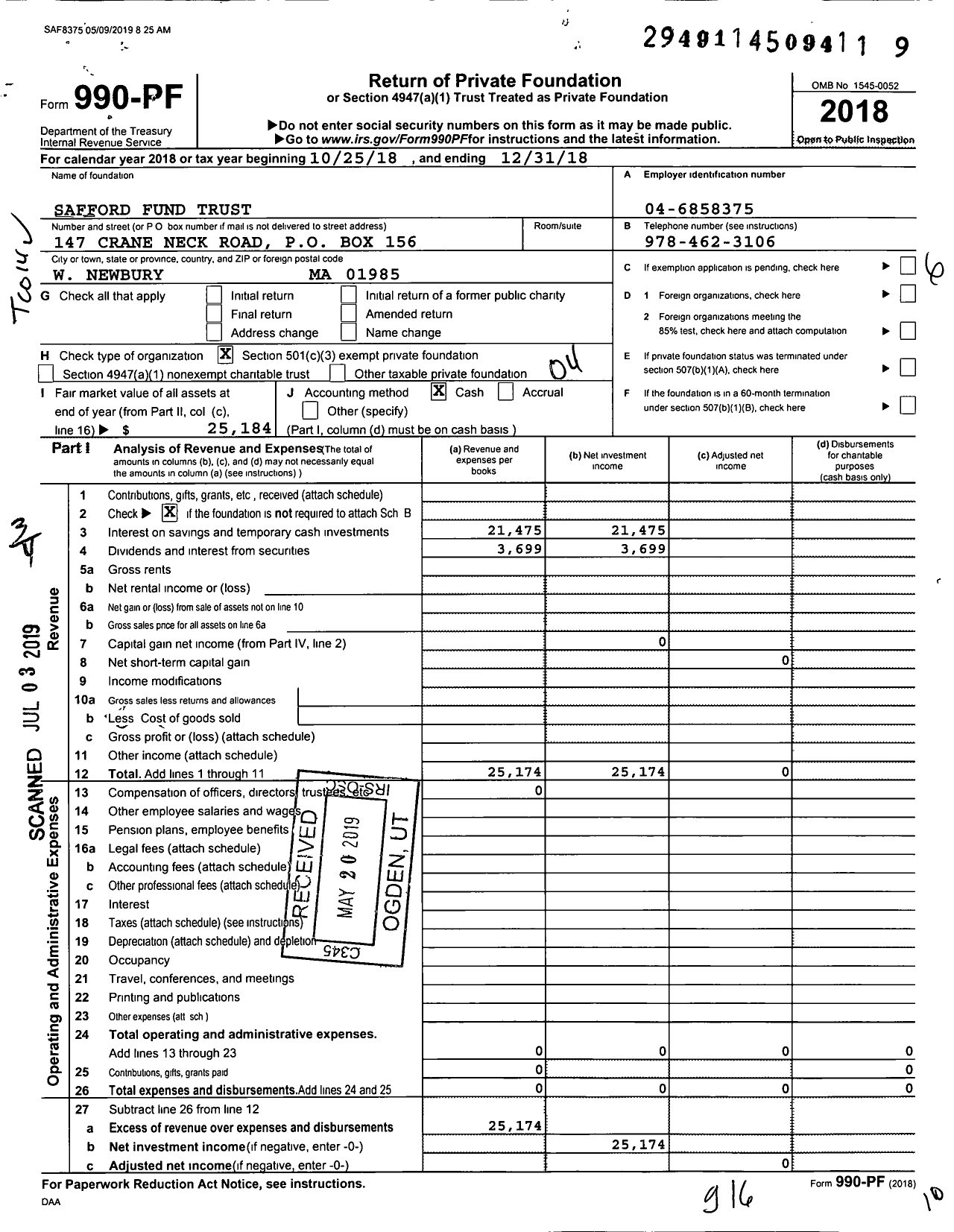 Image of first page of 2018 Form 990PF for Safford Fund Trust