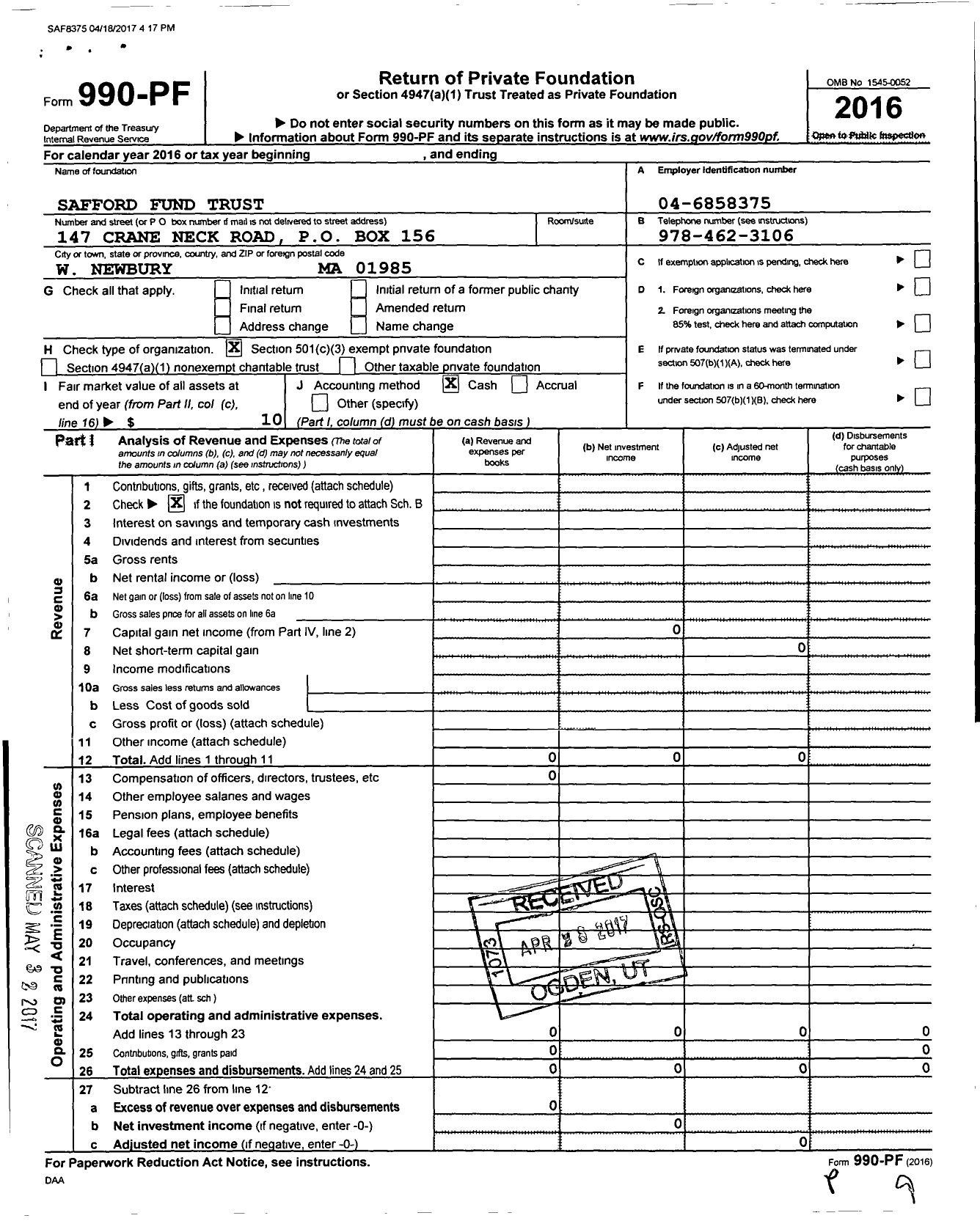 Image of first page of 2016 Form 990PF for Safford Fund Trust