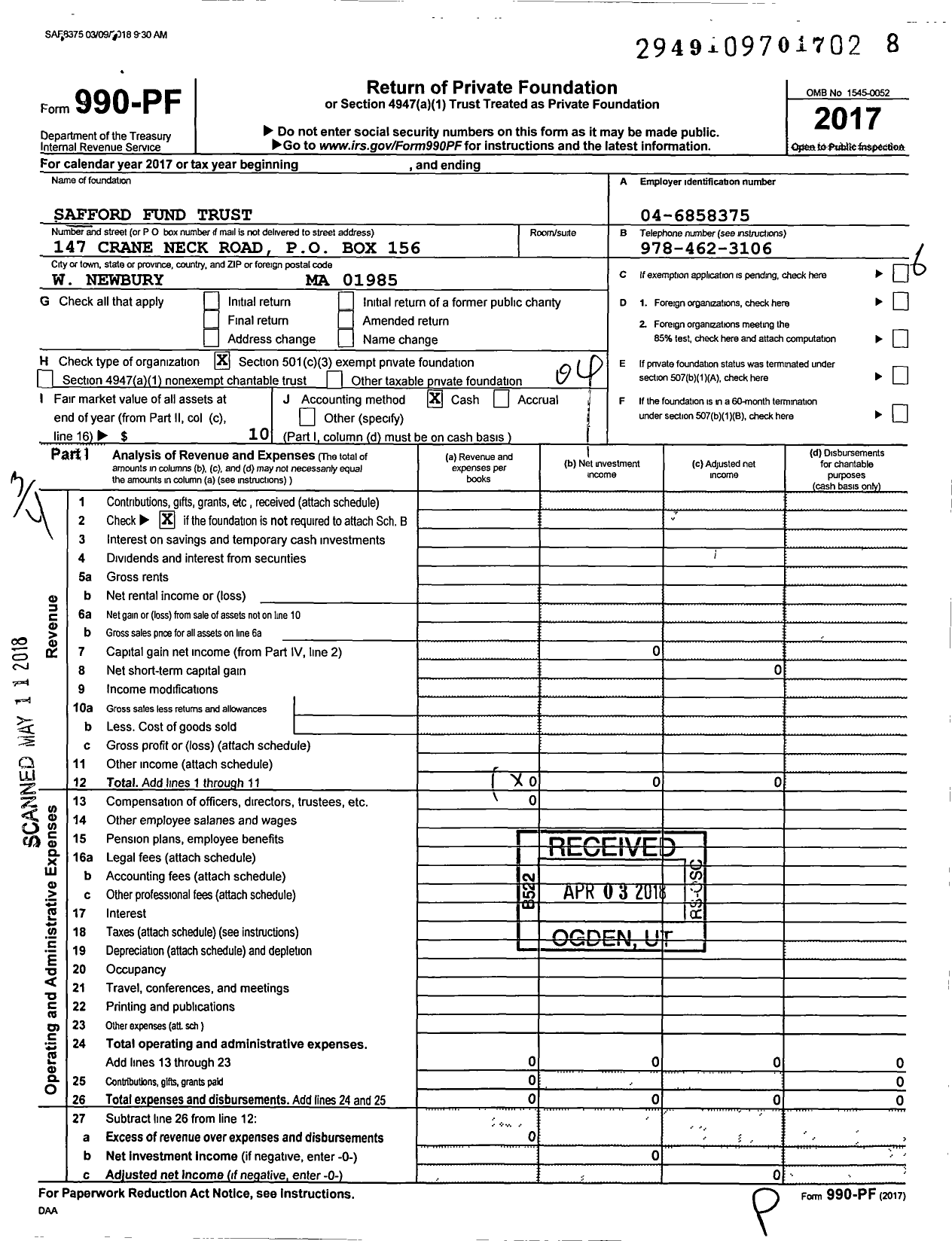 Image of first page of 2017 Form 990PF for Safford Fund Trust