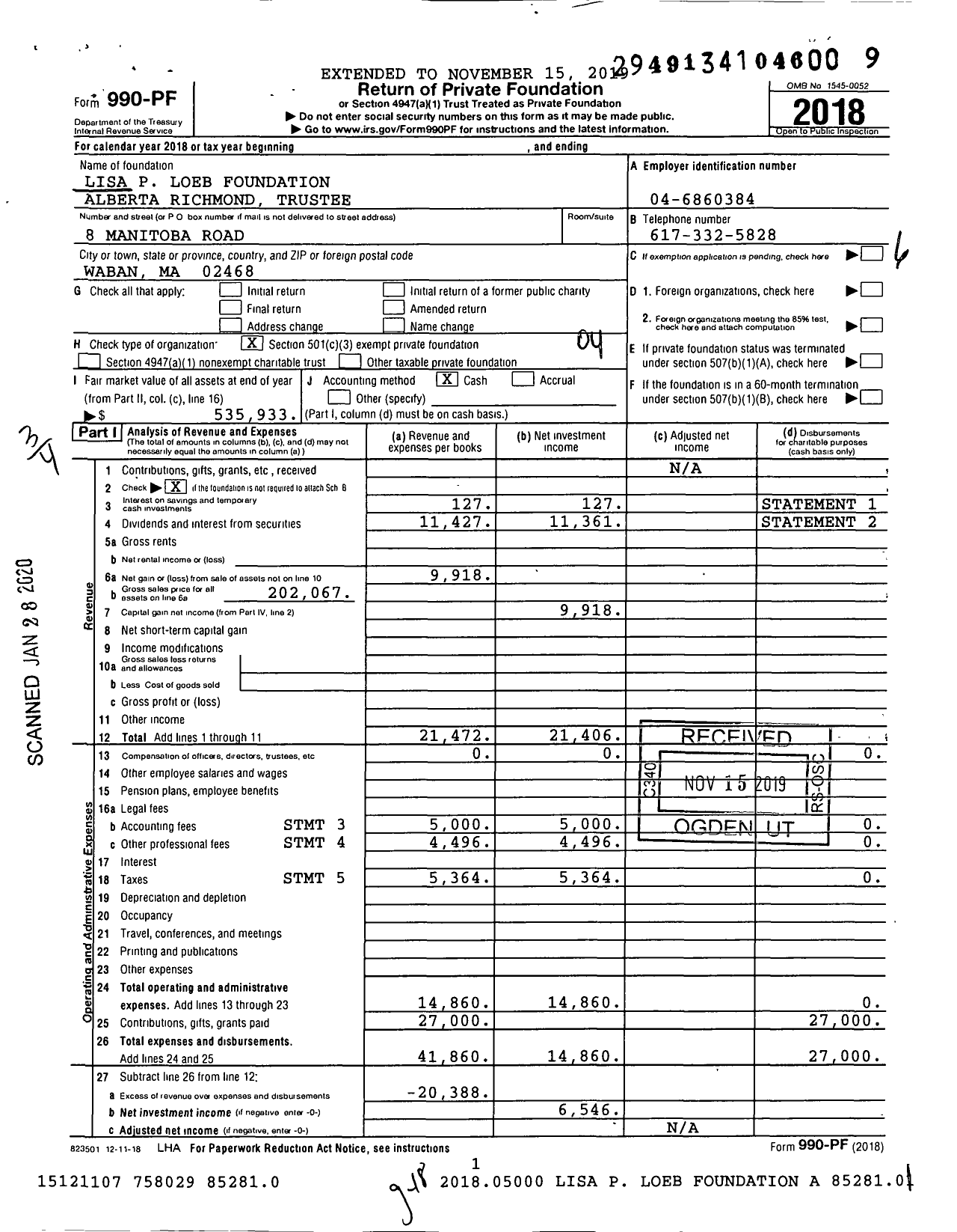 Image of first page of 2018 Form 990PF for Lisa P Loeb Foundation