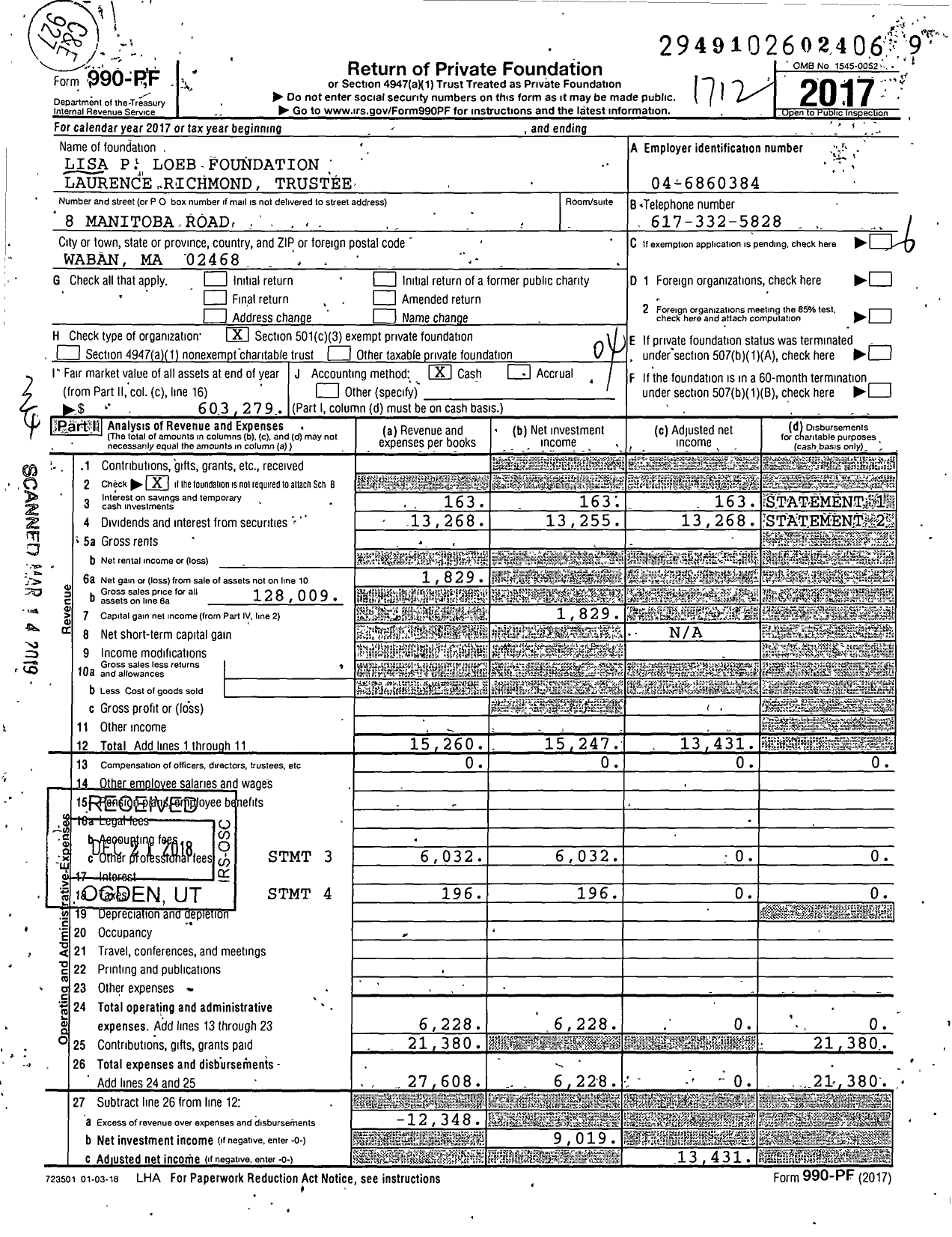 Image of first page of 2017 Form 990PF for Lisa P Loeb Foundation