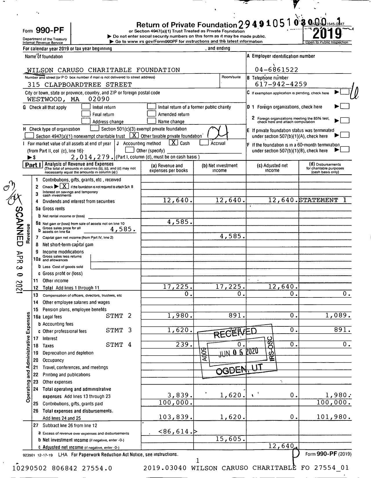 Image of first page of 2019 Form 990PF for Wilson Caruso Charitable Foundation