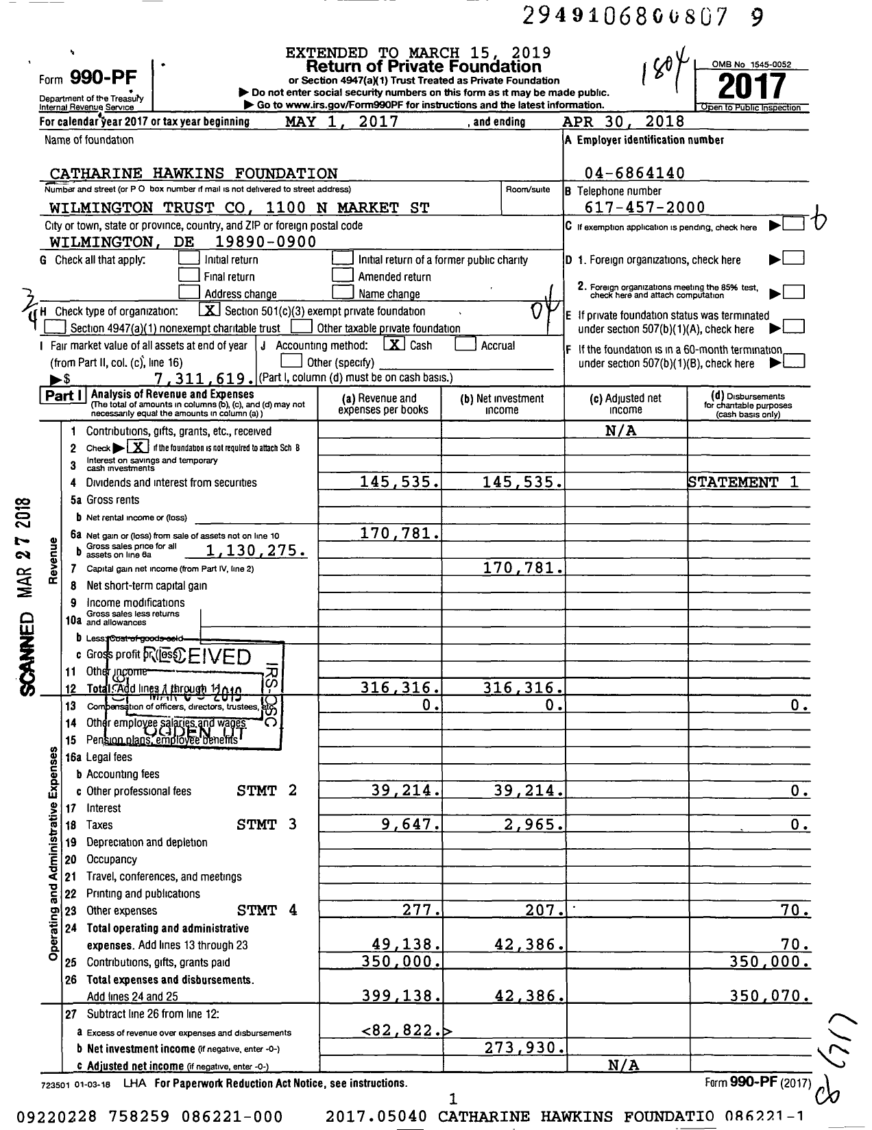 Image of first page of 2017 Form 990PF for Catharine Hawkins Foundation John I