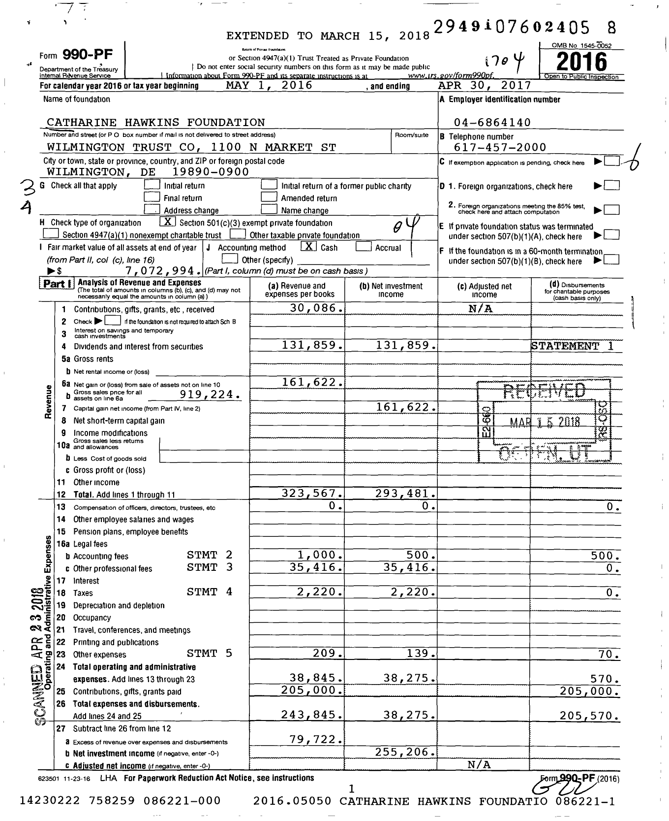 Image of first page of 2016 Form 990PF for Catharine Hawkins Foundation John I