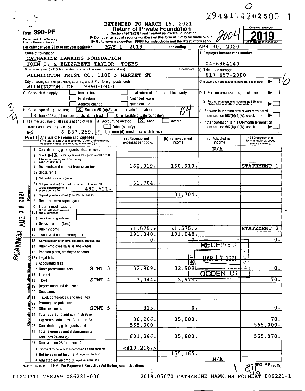 Image of first page of 2019 Form 990PF for Catharine Hawkins Foundation John I