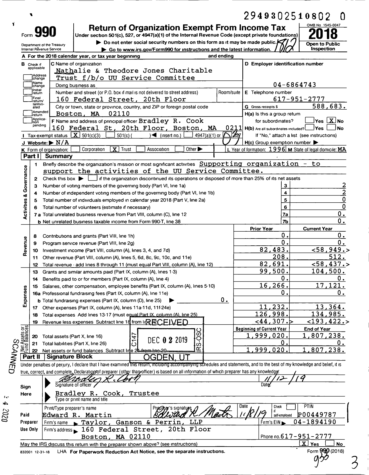 Image of first page of 2018 Form 990 for Nathalie & Theodore Jones Charitable Trust Fbo / b / o UU Service Committee