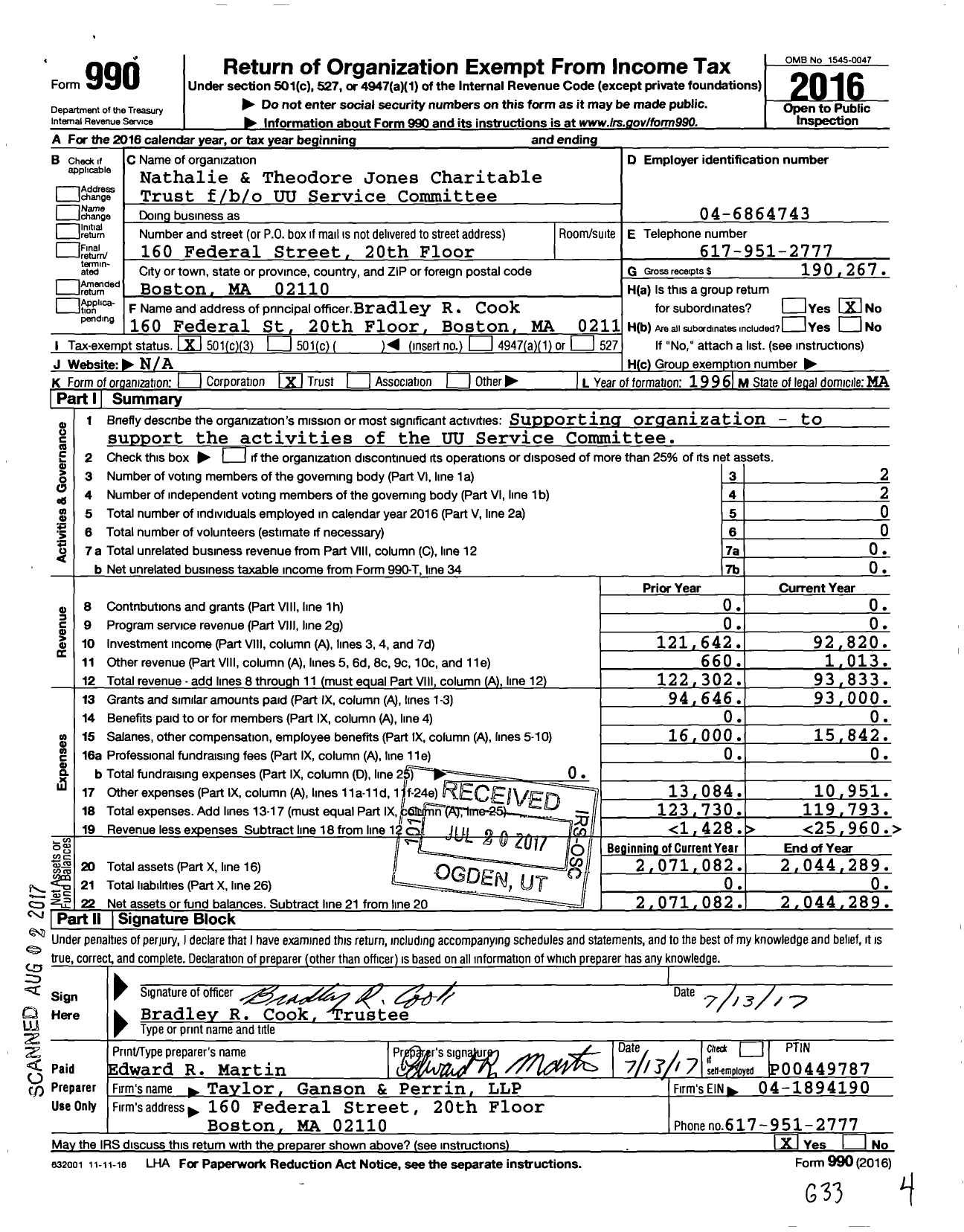 Image of first page of 2016 Form 990 for Nathalie & Theodore Jones Charitable Trust Fbo / b / o UU Service Committee