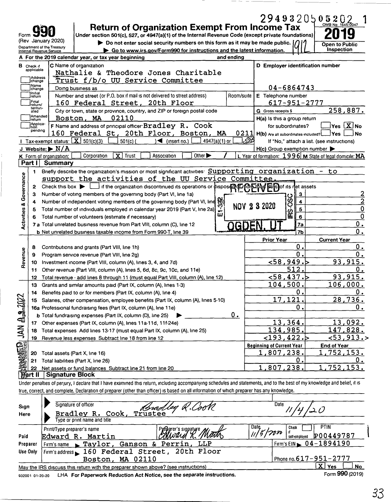 Image of first page of 2019 Form 990 for Nathalie & Theodore Jones Charitable Trust Fbo / b / o UU Service Committee