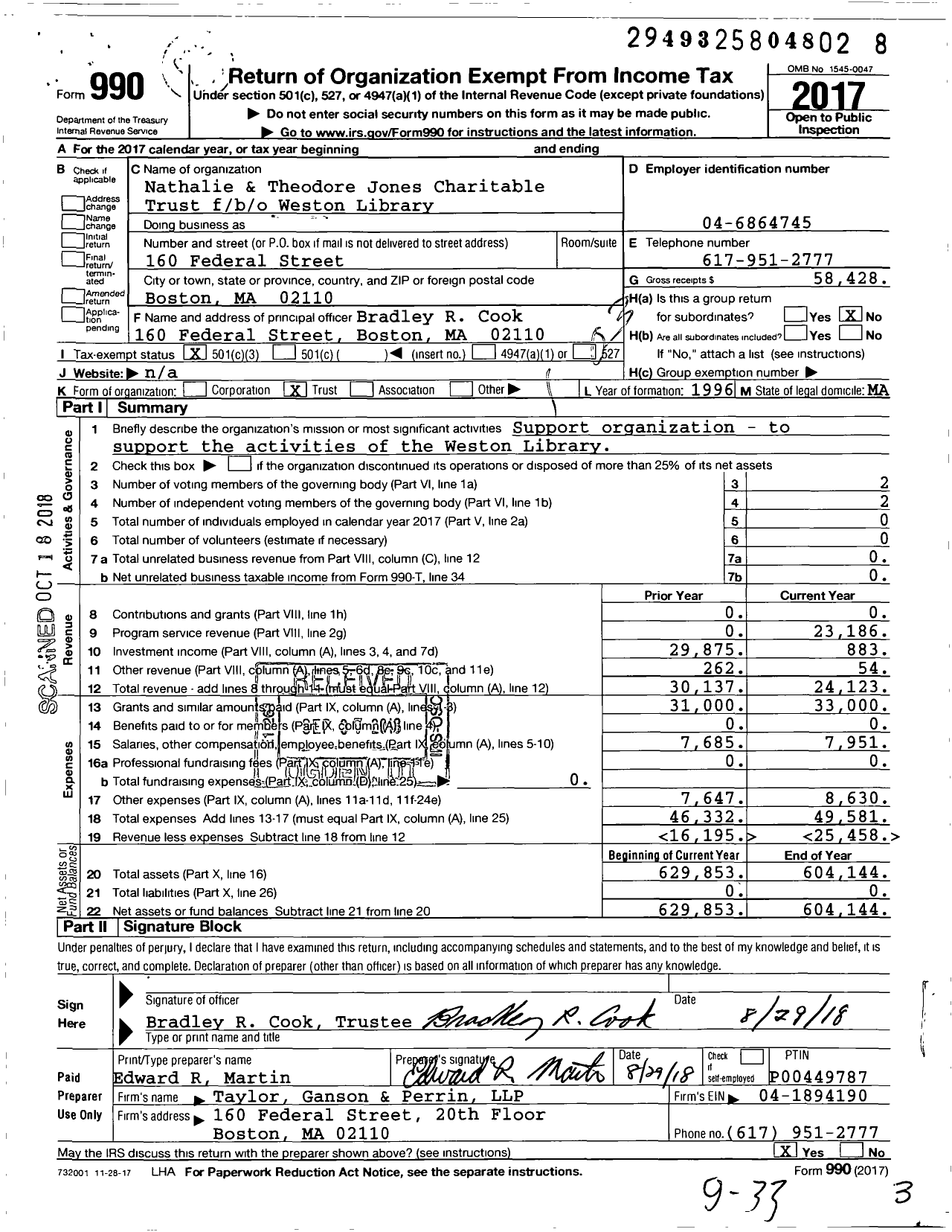 Image of first page of 2017 Form 990 for Nathalie & Theodore Jones Charitable Trust Fbo / b / o Weston Library