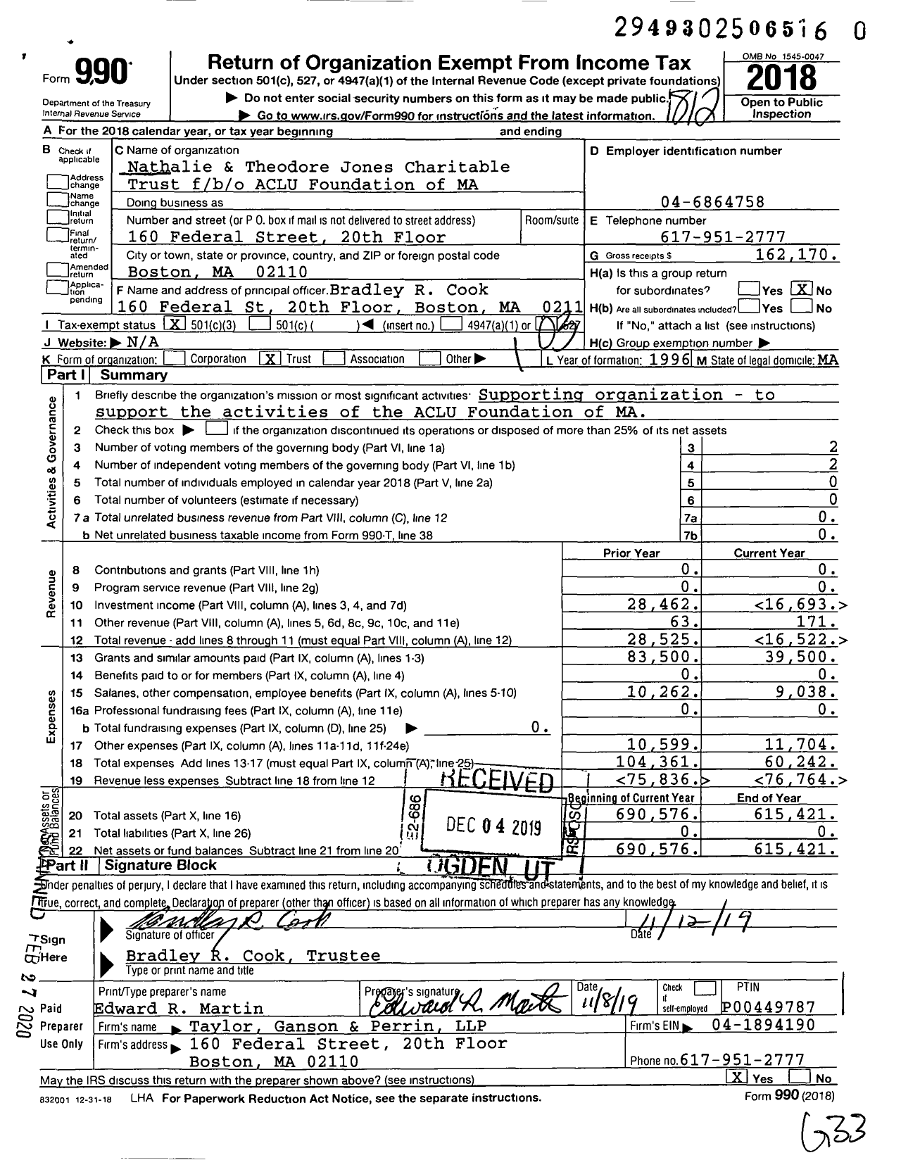 Image of first page of 2018 Form 990 for Nathalie & Theodore Jones Charitable Trust Fbo / b / o ACLU Foundation of MA