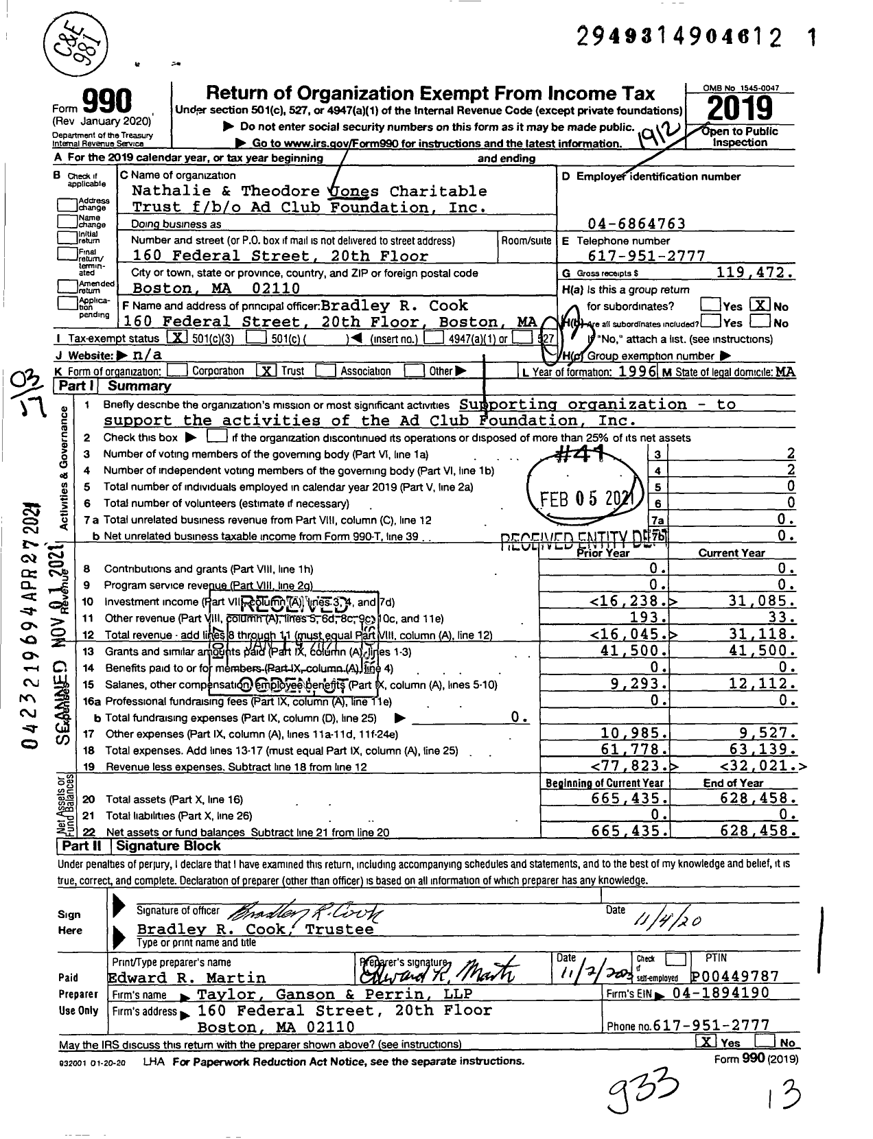 Image of first page of 2019 Form 990 for Nathalie and Theodore Jones Charitable Trust f / b / o Ad Club Foundation