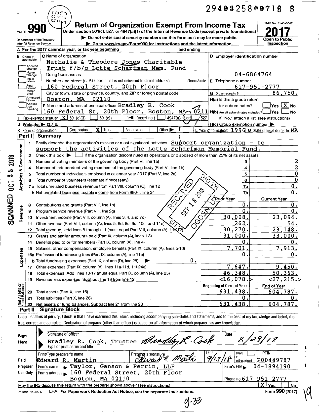 Image of first page of 2017 Form 990 for Nathalie & Theodore Jones Charitable Trust Fbo / b / o Lotte Scharfman Mem Fund